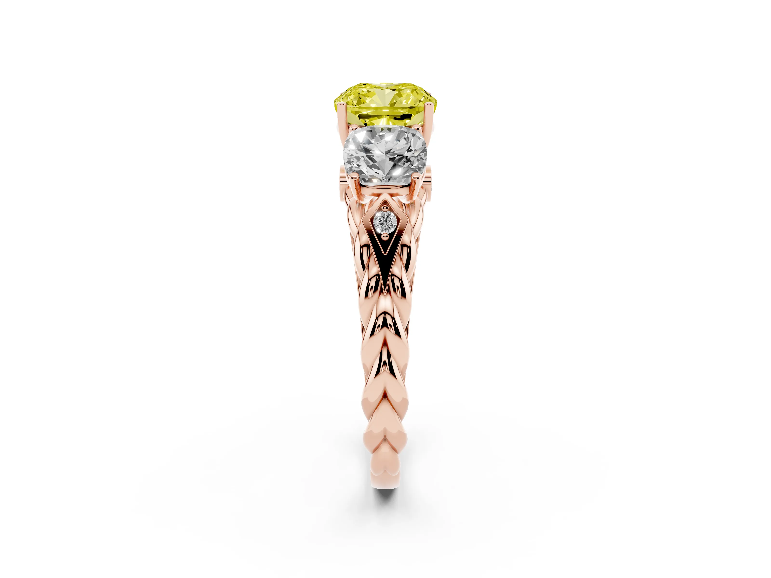 Fancy Yellow Cushion Cut Diamond Three-Stone Ring Set in Rose gold with Braided Band