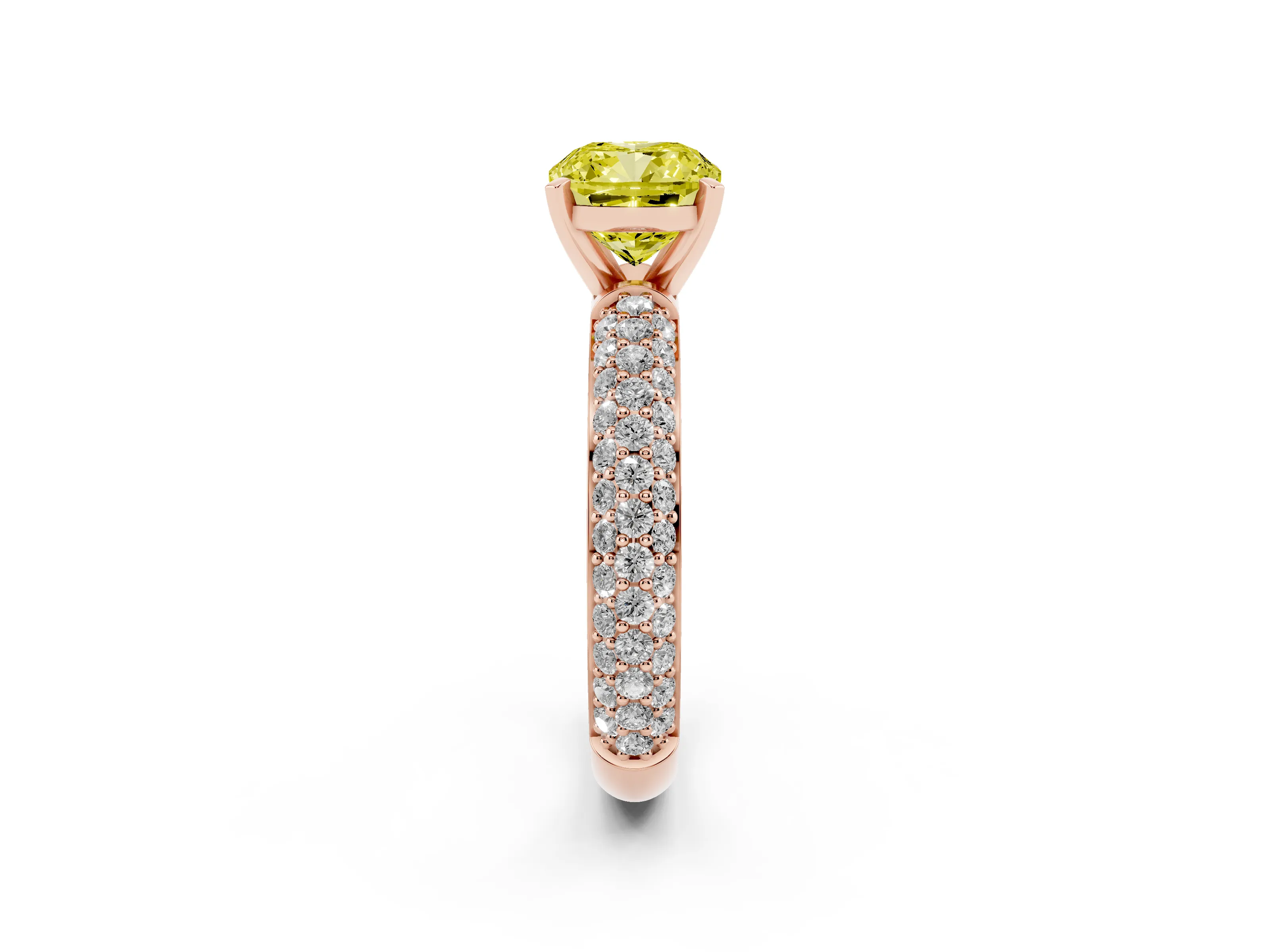 Fancy Yellow Cushion Cut Diamond Solitaire Ring Set in Rose gold with Prong Setting and Pavé-Set Band