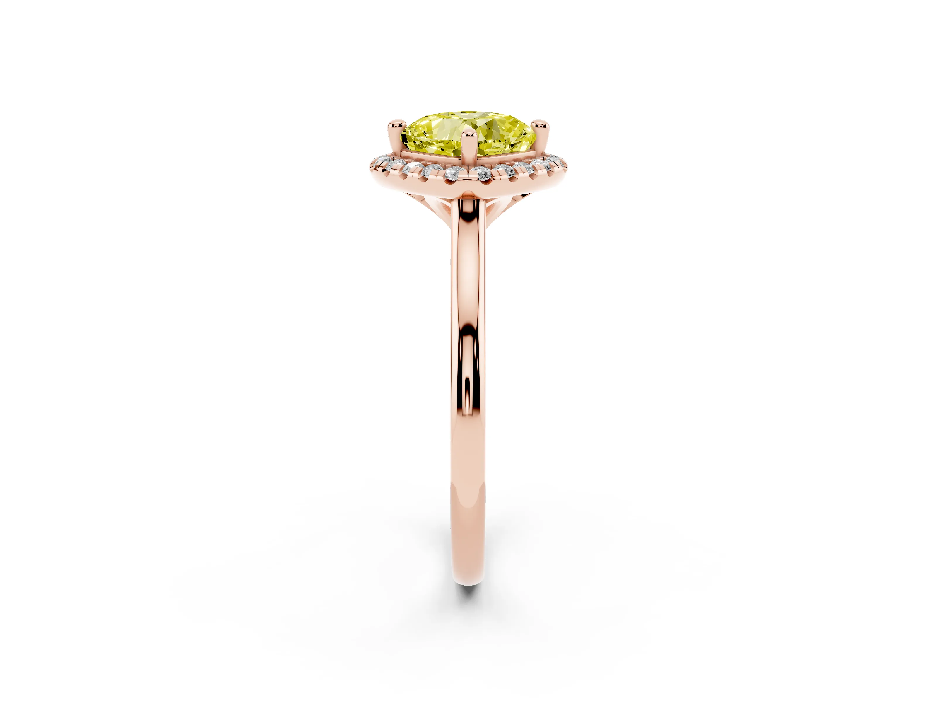 Fancy Yellow Cushion Cut Diamond Halo Engagement Ring Set in Rose gold with Pavé Band and Rising Shoulders