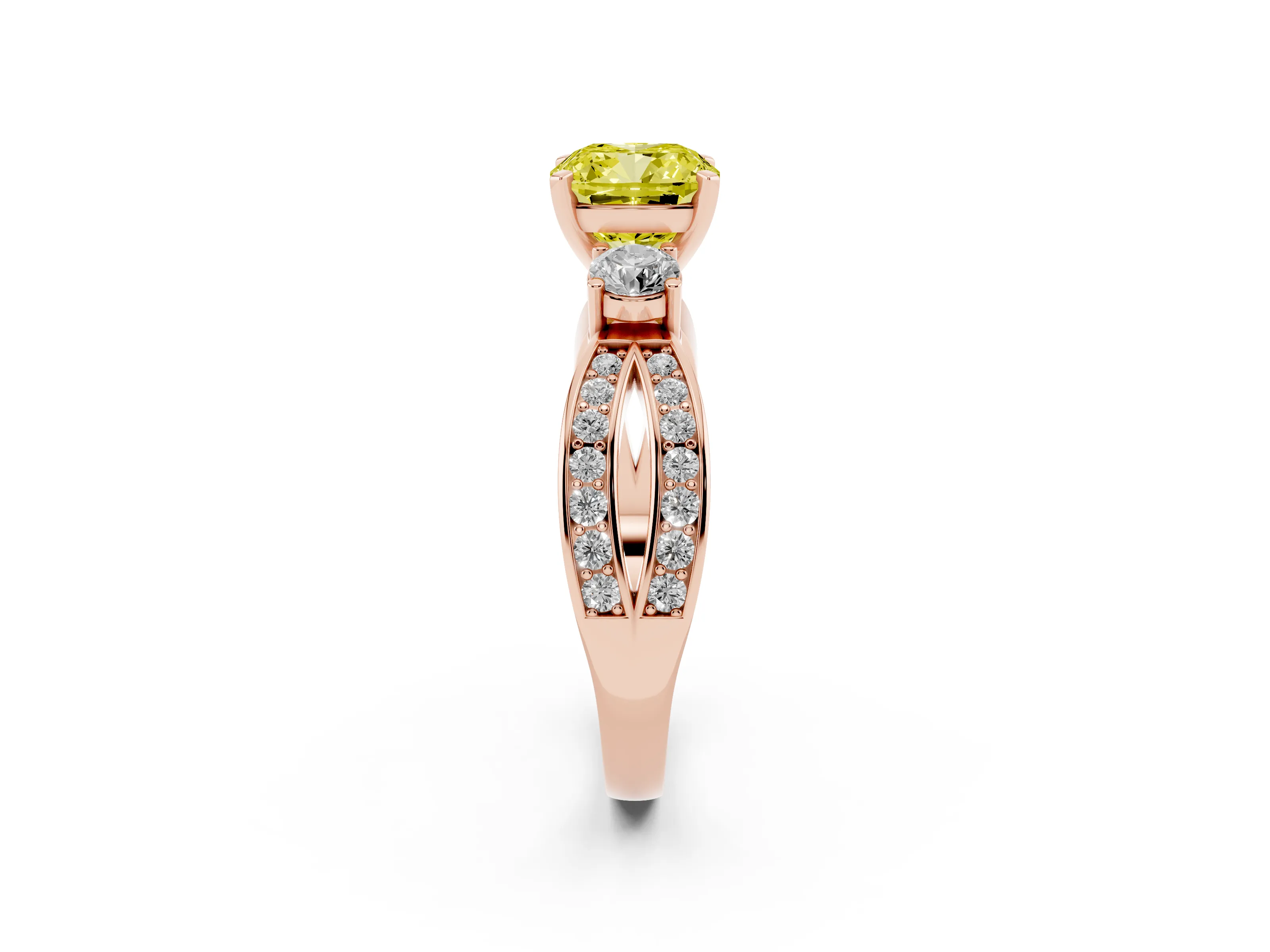 Fancy Yellow Three-Stone Cushion Cut Diamond Twist Band Ring Set in Rose gold with Pavé Accents and Prong Setting