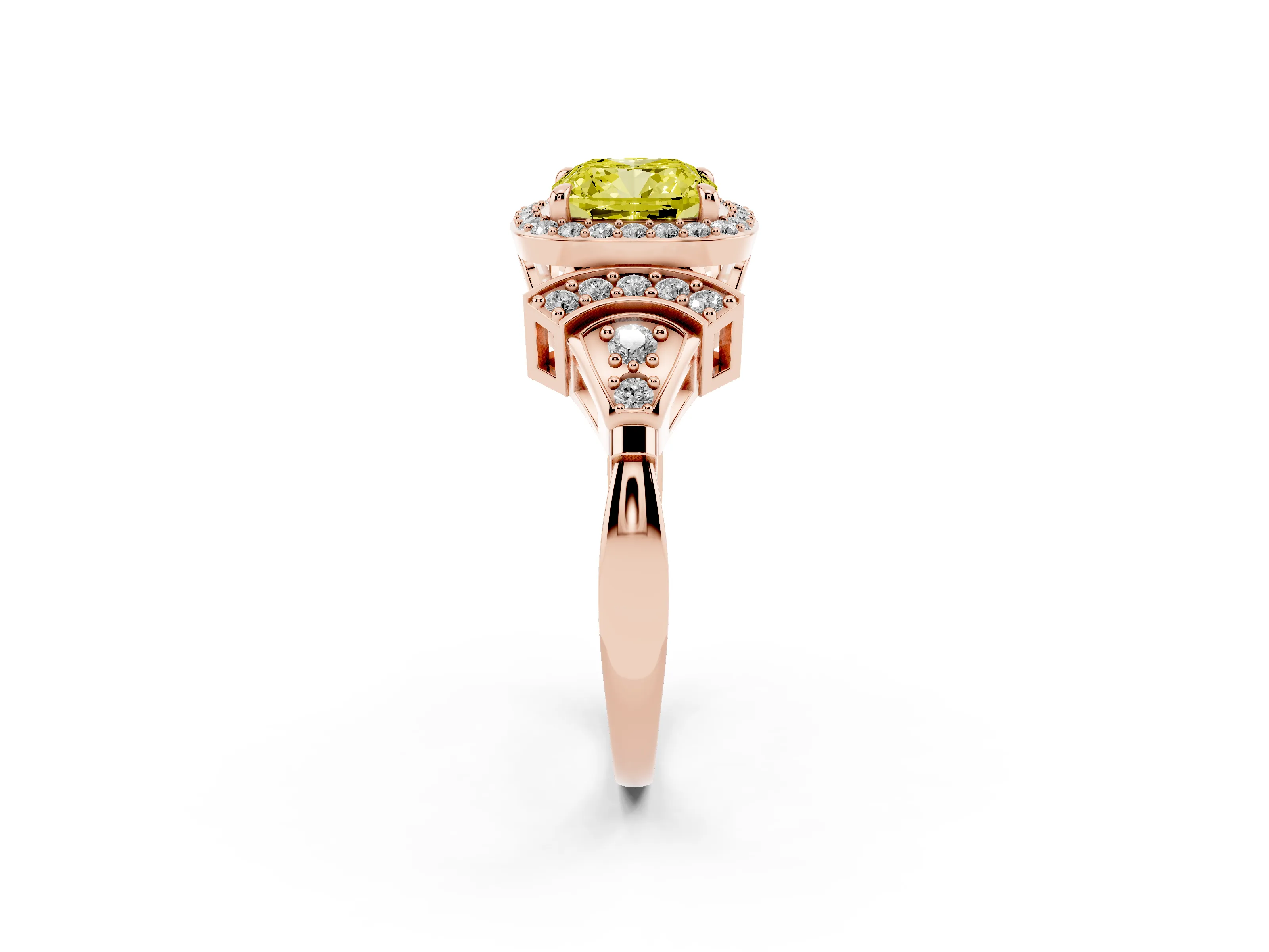 Fancy Yellow Cushion Cut Diamond Halo Engagement Ring Set in Rose gold with Accent Stone Split Shank