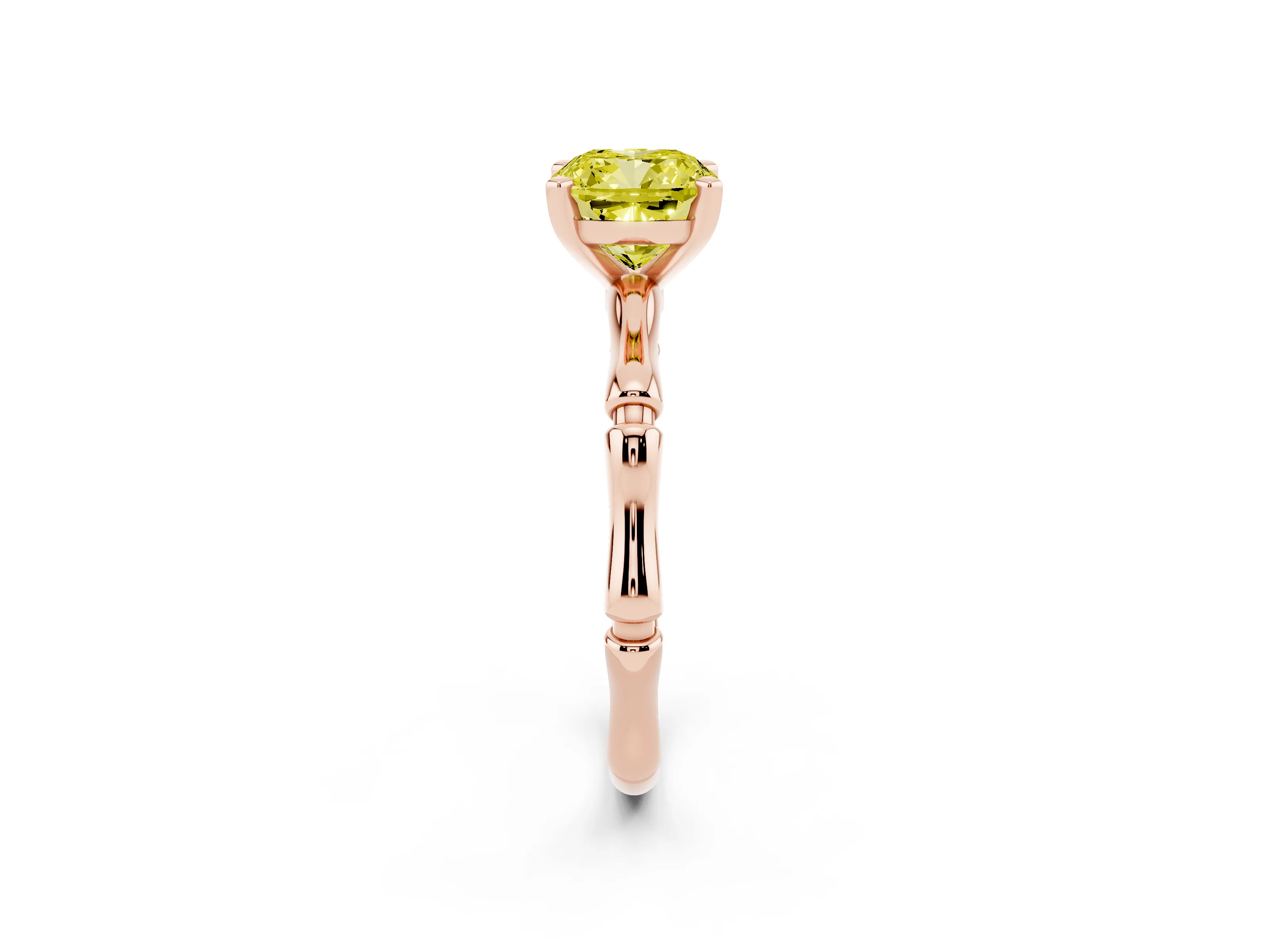 Fancy Yellow Cushion Cut Diamond Solitaire Ring Set in Rose gold with Bamboo Band and Prong Setting