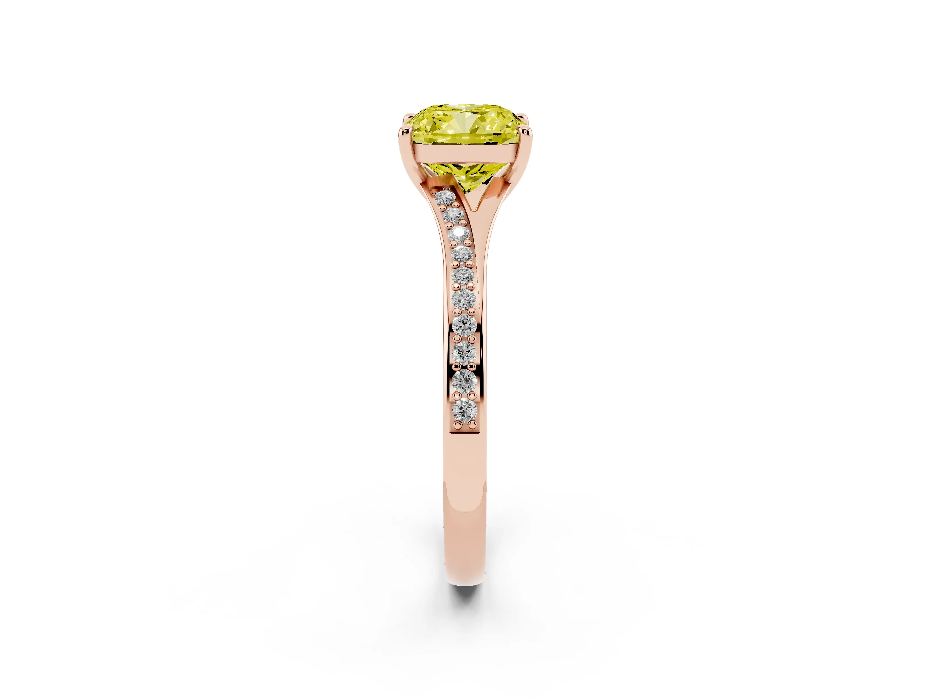 Fancy Yellow Cushion Cut Diamond Solitaire Ring Set in Rose gold with Pavé Accent Band and Classic Prong Setting