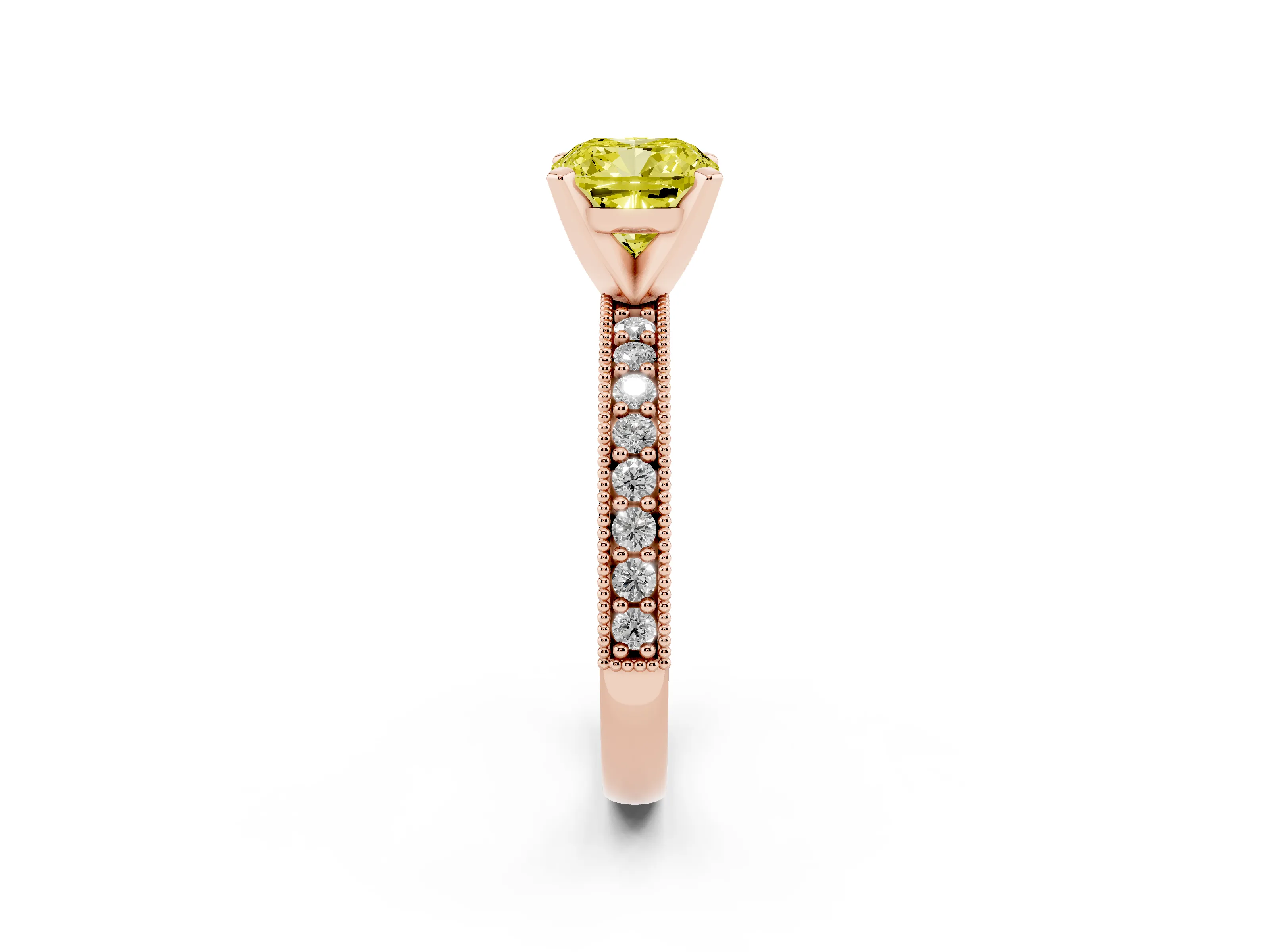 Fancy Yellow Cushion Cut Diamond Milgrain Pavé Engagement Ring Set in Rose gold with Prong Setting