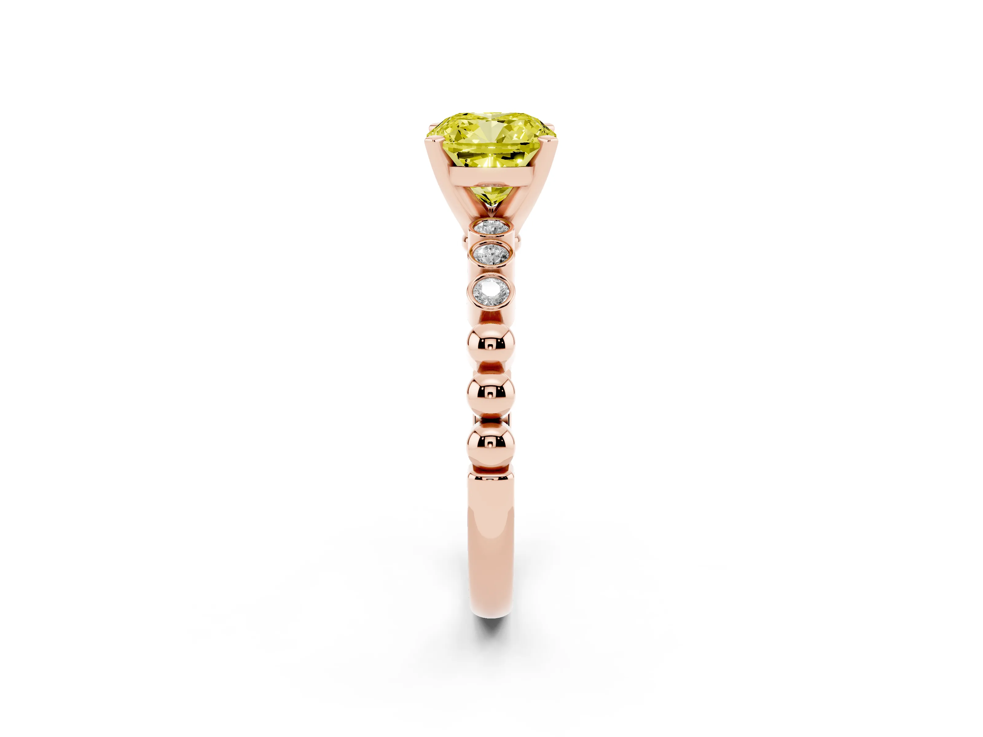 Fancy Yellow Cushion Cut Diamond Solitaire Engagement Ring Set in Rose gold with Bezel Accents on Beaded Band