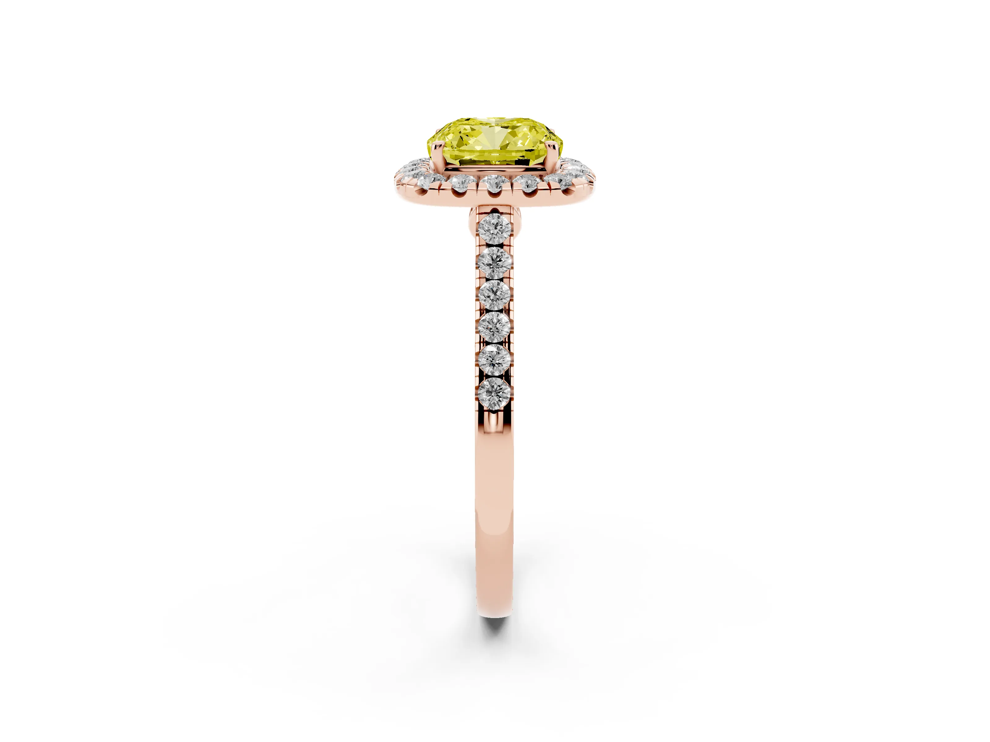 Fancy Yellow Cushion Cut Diamond Halo Pavé Engagement Ring Set in Rose gold with Prong Setting