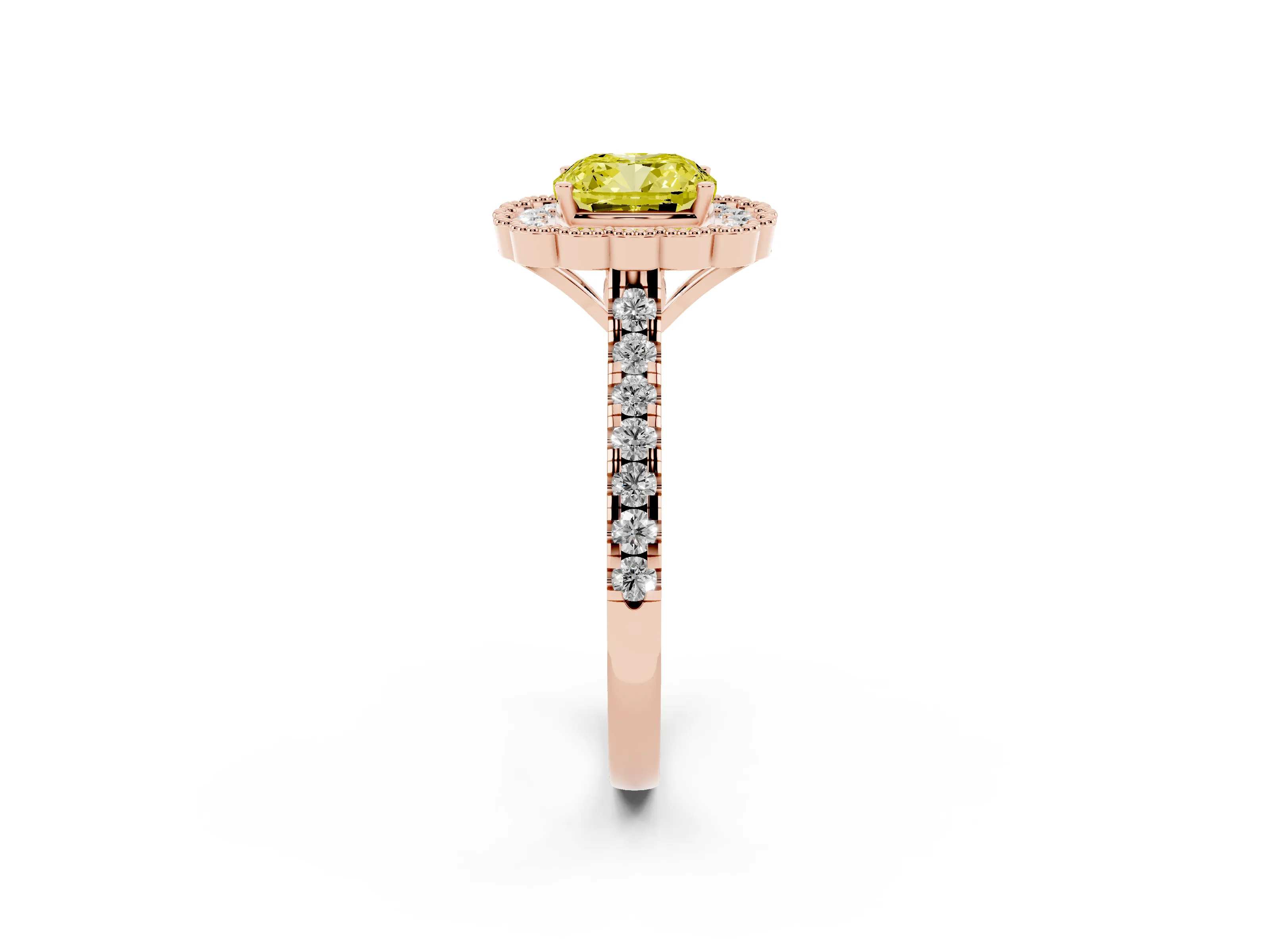 Fancy Yellow Cushion Cut Diamond Milgrain Floral Halo Engagement Ring Set in Rose gold with Pavé Band
