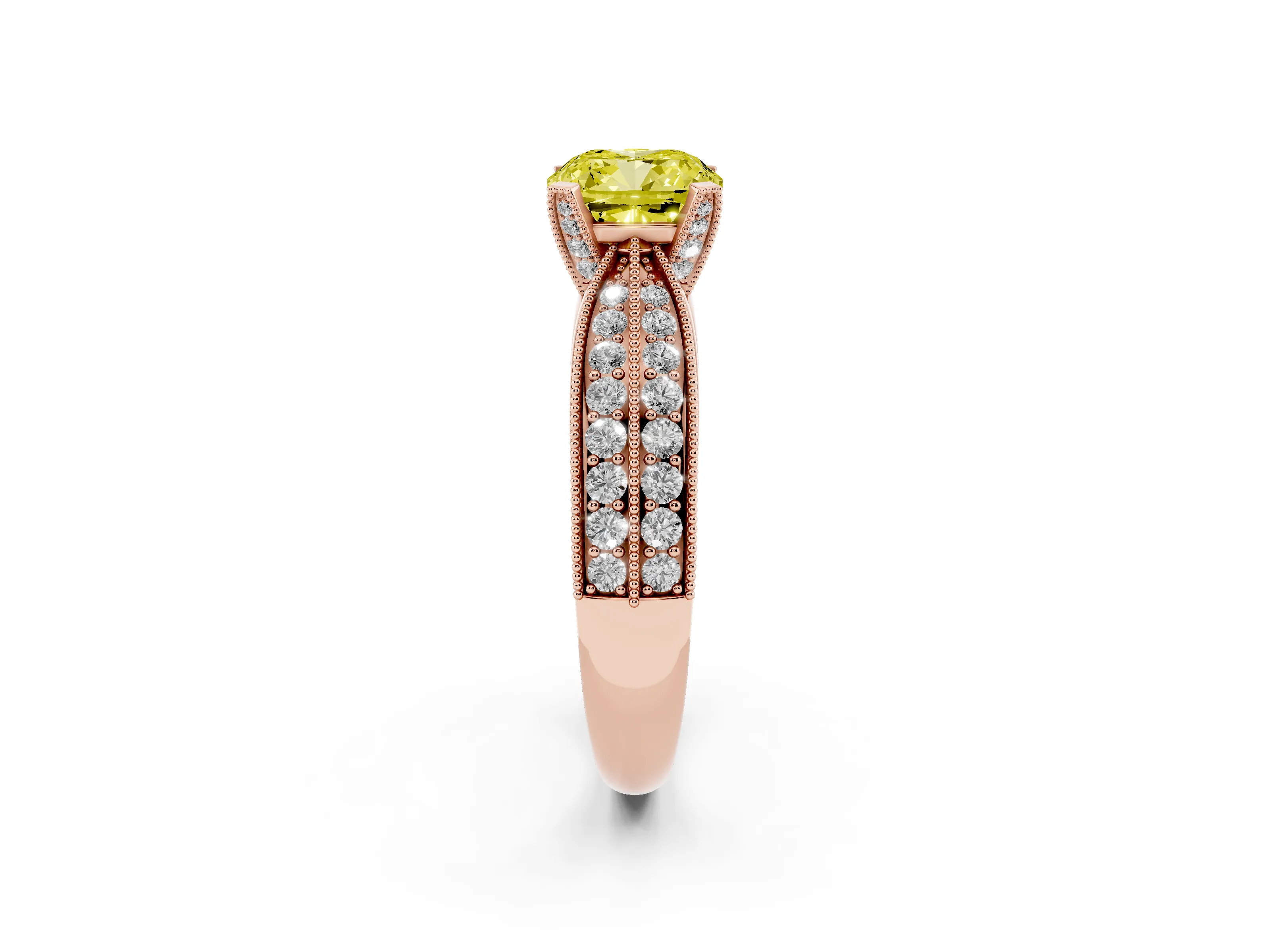 Fancy Yellow Cushion Cut Diamond Solitaire Ring Set in Rose gold with Milgrain Double Row Round Pavé Band