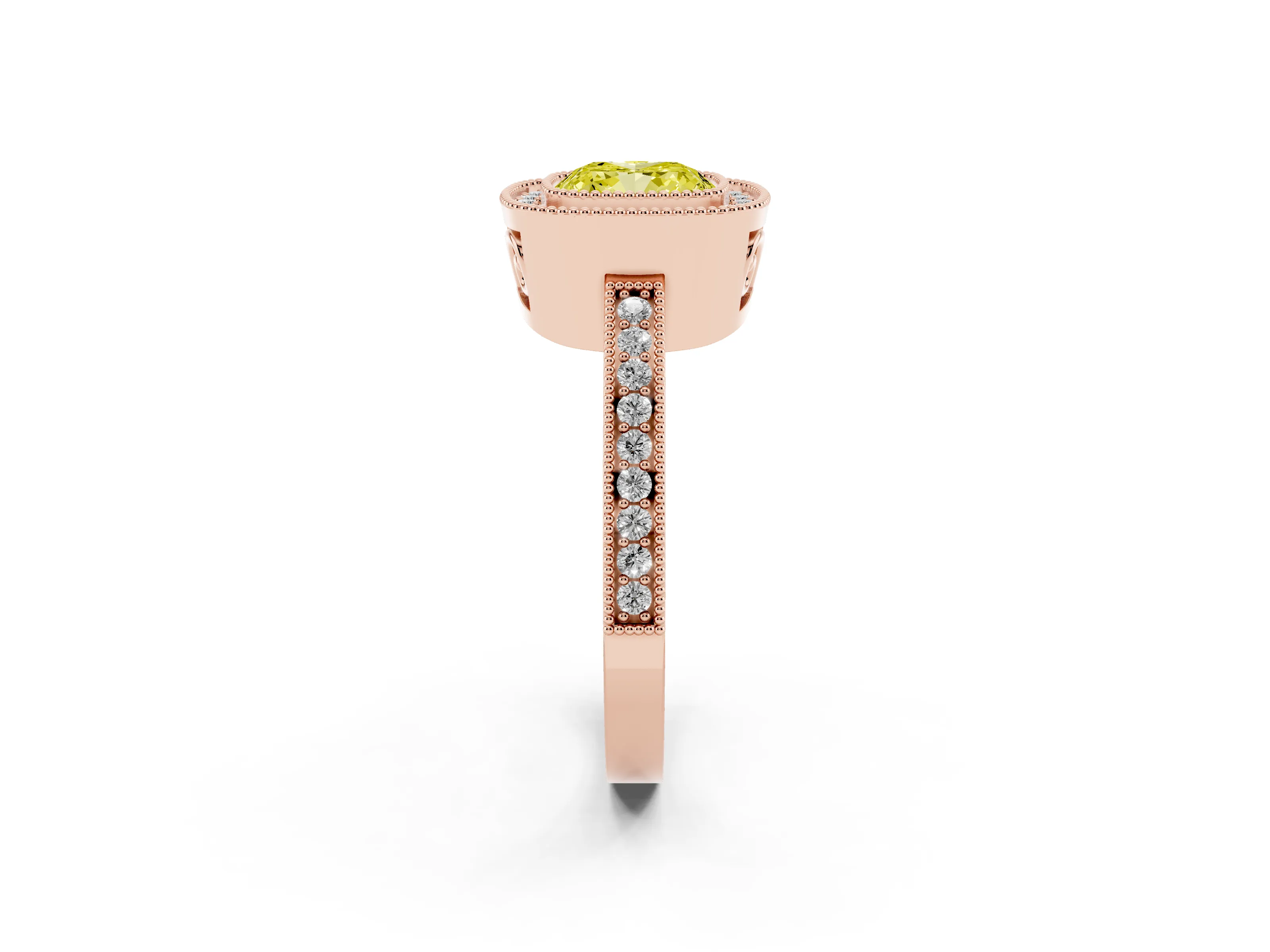 Fancy Yellow Cushion Cut Diamond Round Halo Ring Set in Rose gold with Pavé Band