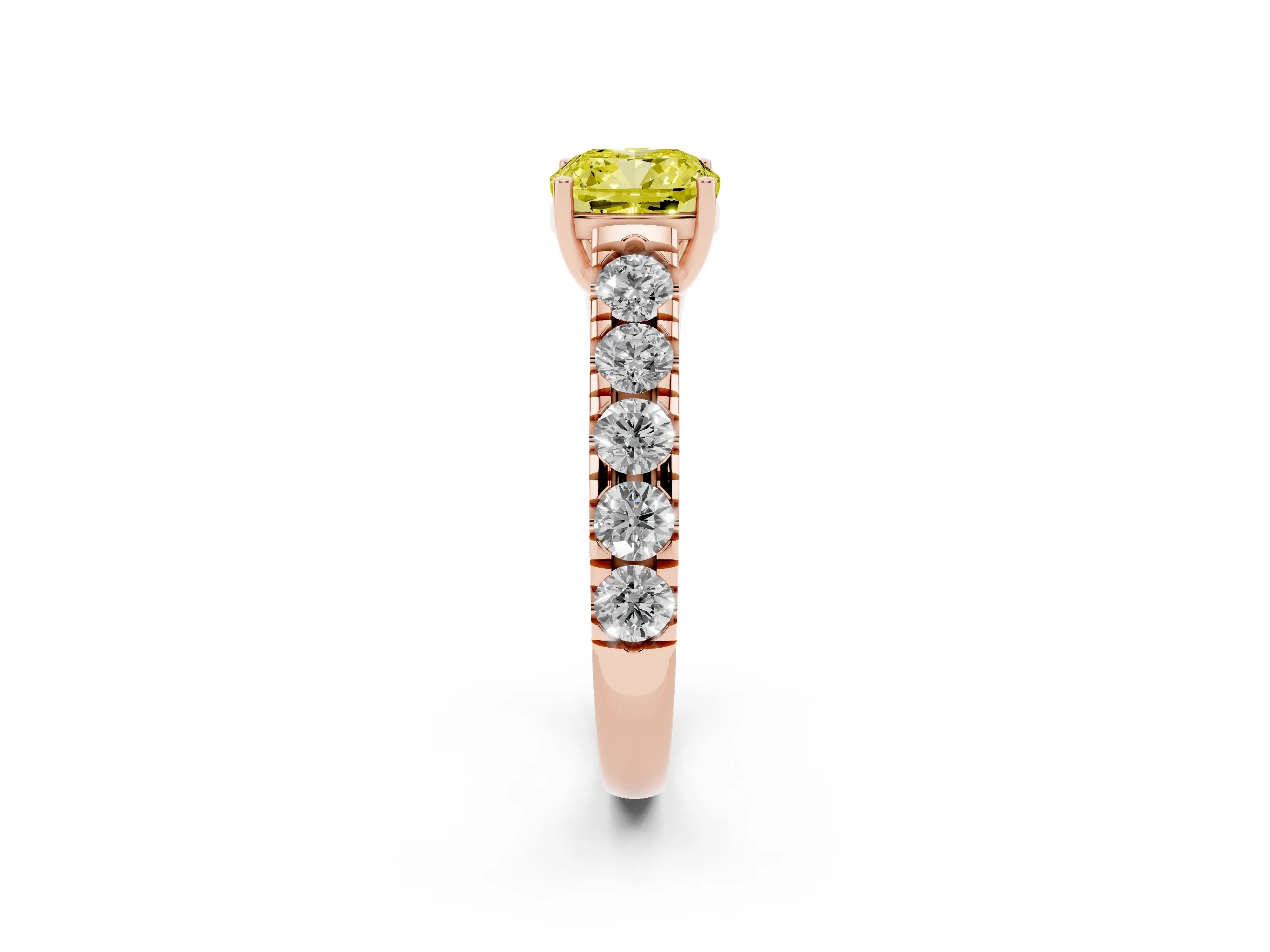 Fancy Yellow Cushion Cut Diamond Solitaire Ring Set in Rose gold with Cut-Down Micro Pavé Band and Prong Setting