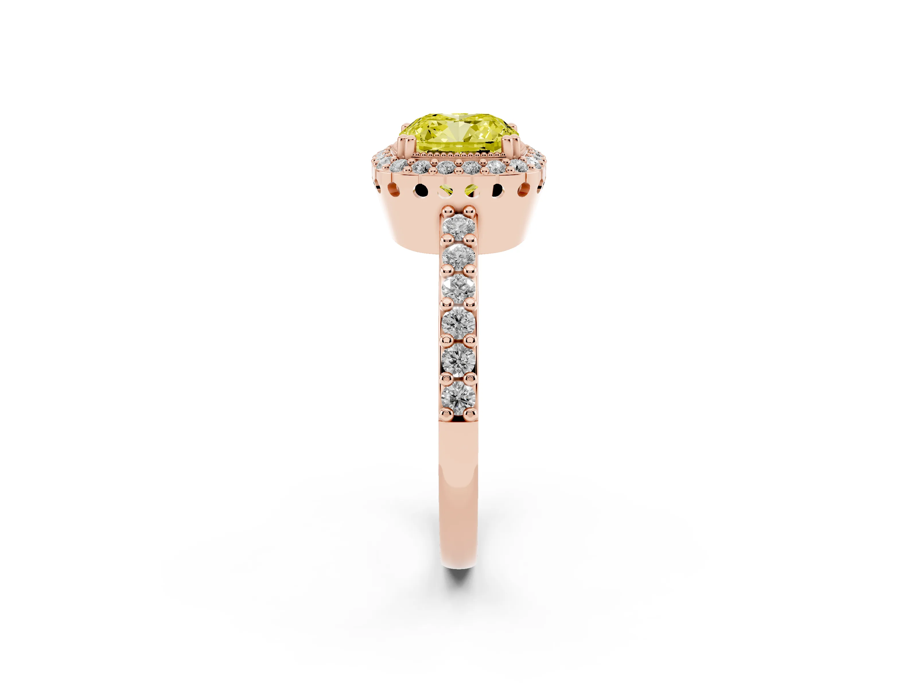 Fancy Yellow Cushion Cut Diamond Halo Engagement Ring Set in Rose gold with Milgrain Detail and Pavé Band