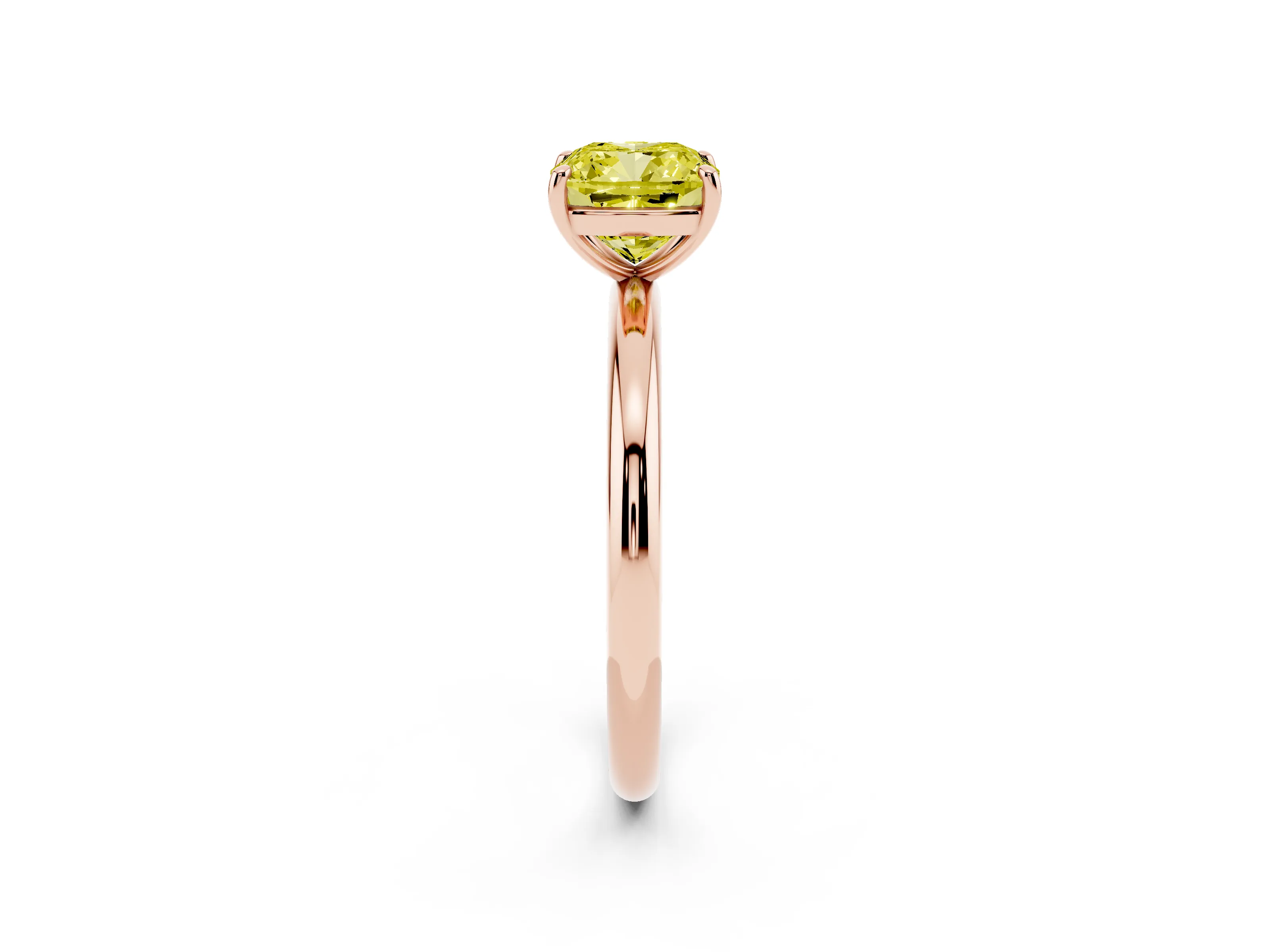 Fancy Yellow Cushion Cut Diamond Solitaire Ring Set in Rose gold with Prong Setting on a Polished Plain Band