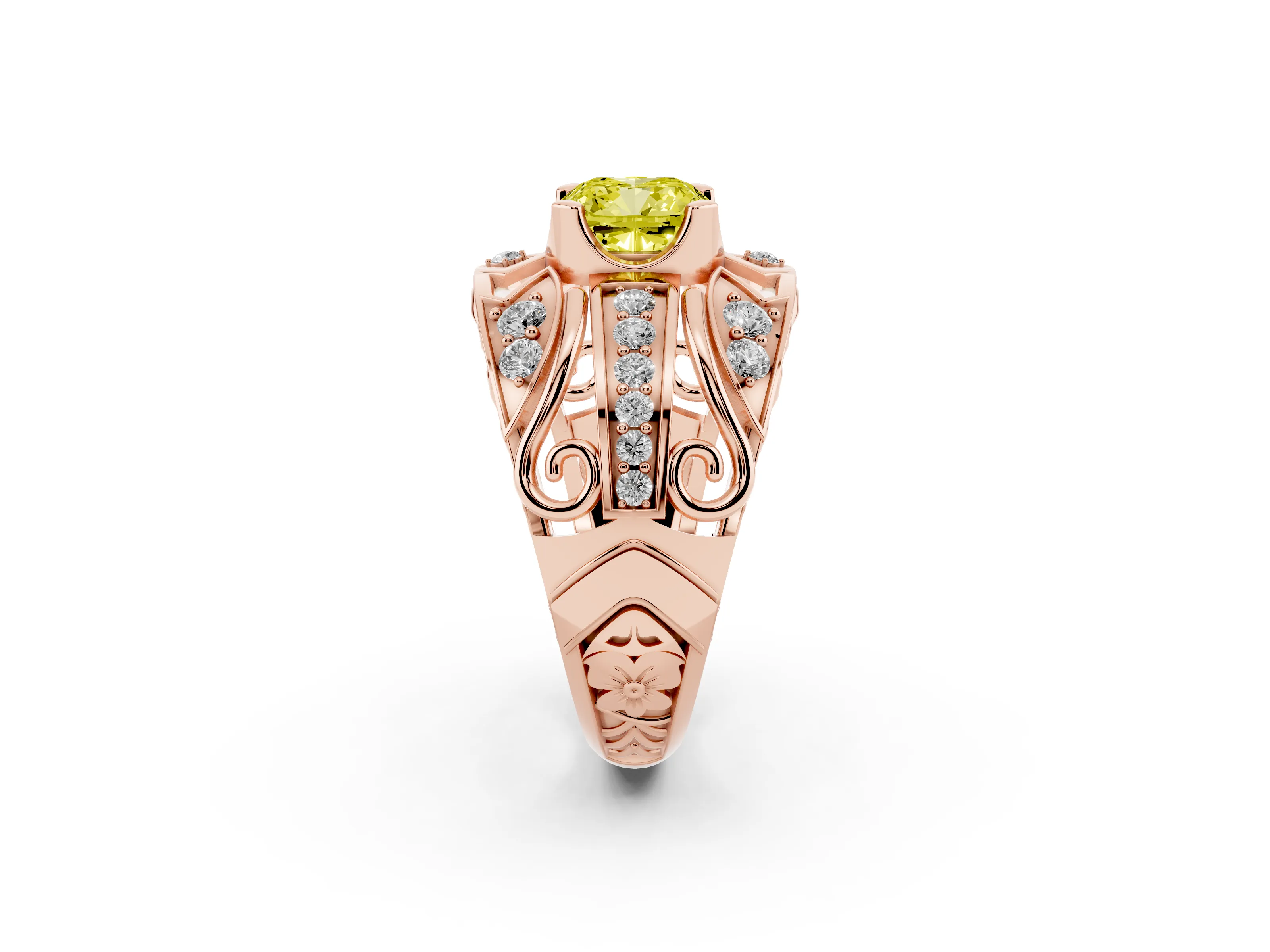 Fancy Yellow Cushion Cut Diamond Art Deco Ring Set in Rose gold with Pavé Split Shank
