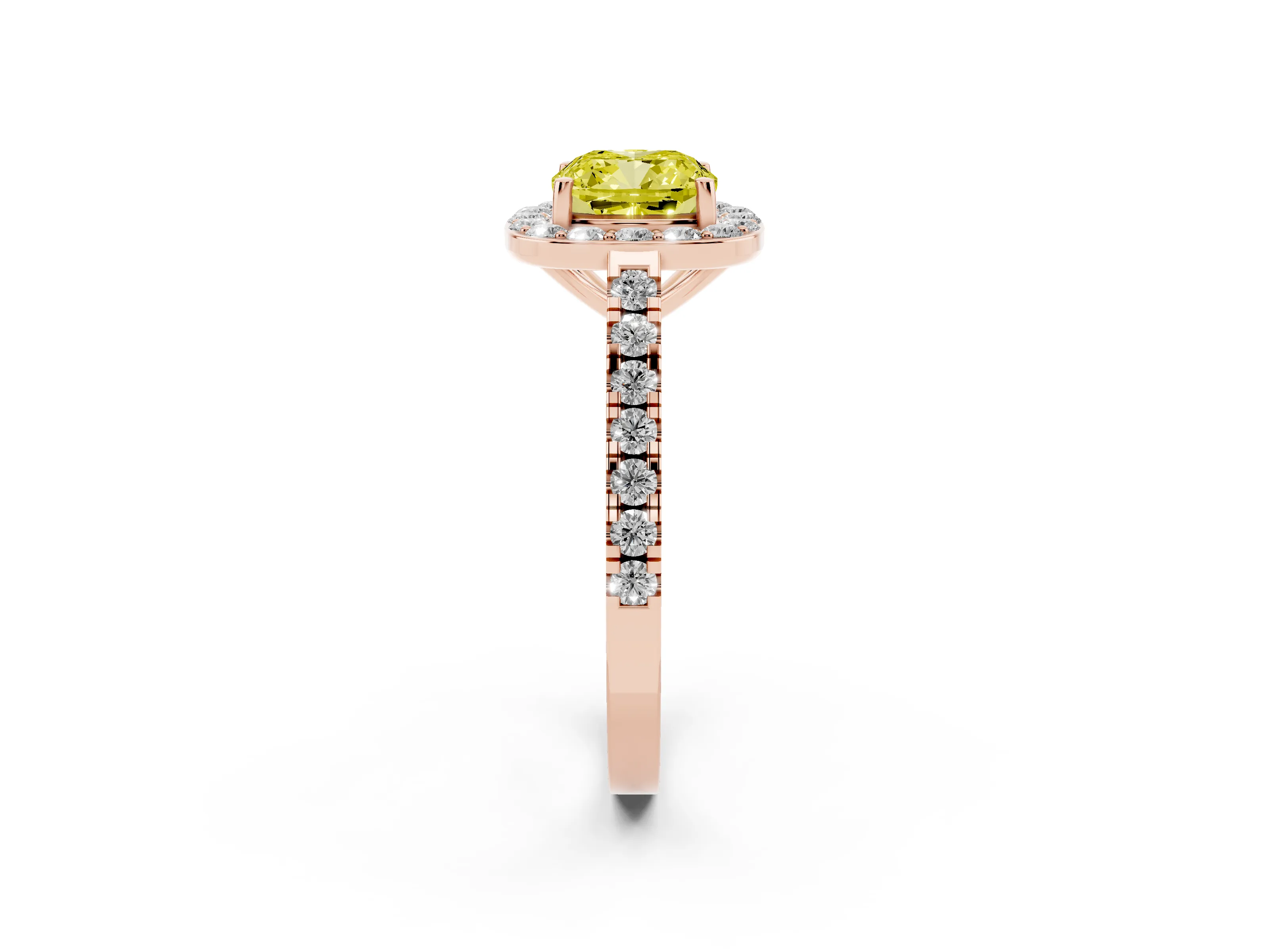 Fancy Yellow Cushion Cut Diamond Halo Ring Set in Rose gold with Round Pavé Split Shank and Prong Setting