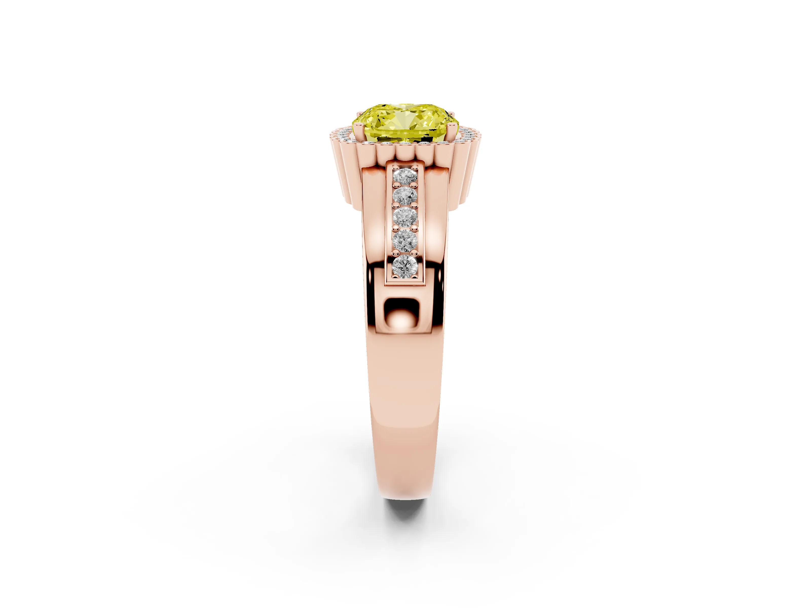 Fancy Yellow Cushion Cut Diamond Halo Prong Ring Set in Rose gold with Pavé Band