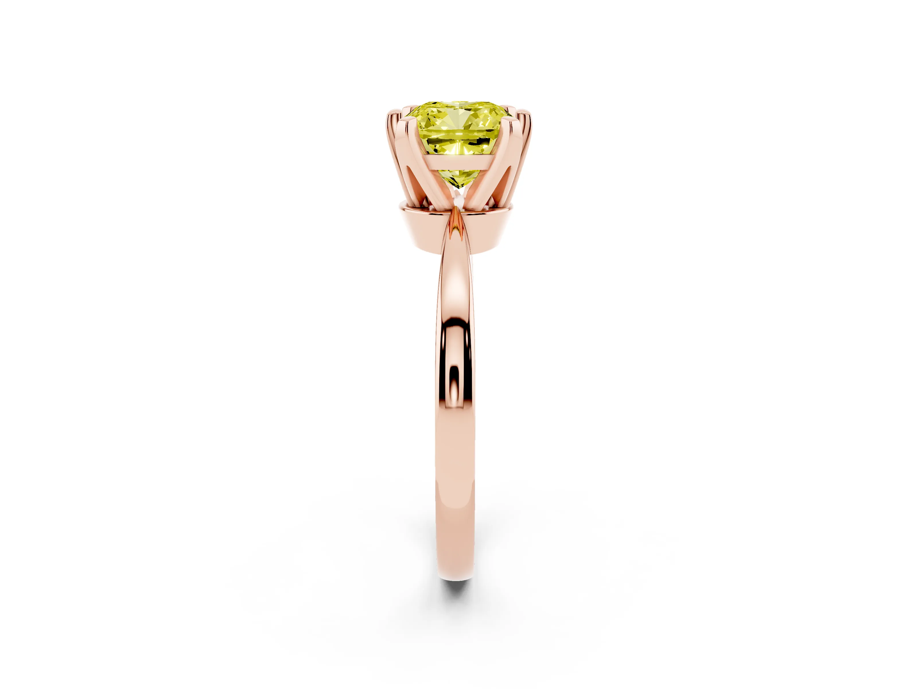 Fancy Yellow Cushion Cut Diamond Solitaire Engagement Ring Set in Rose gold with Slim Tapered Solitaire Band