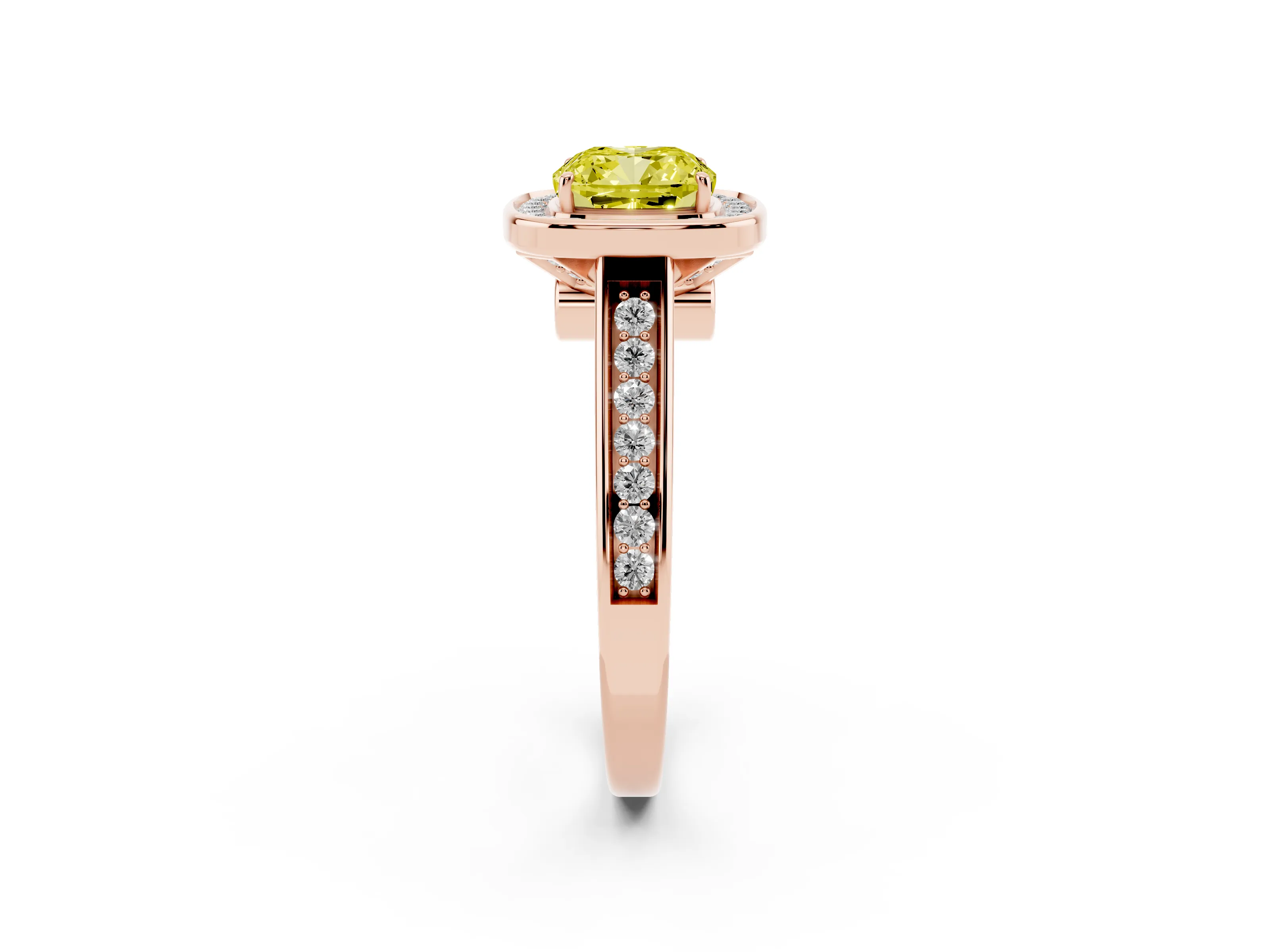 Fancy Yellow Cushion Cut Diamond Halo Solitaire Ring Set in Rose gold with Pavé Band and Bezel Setting
