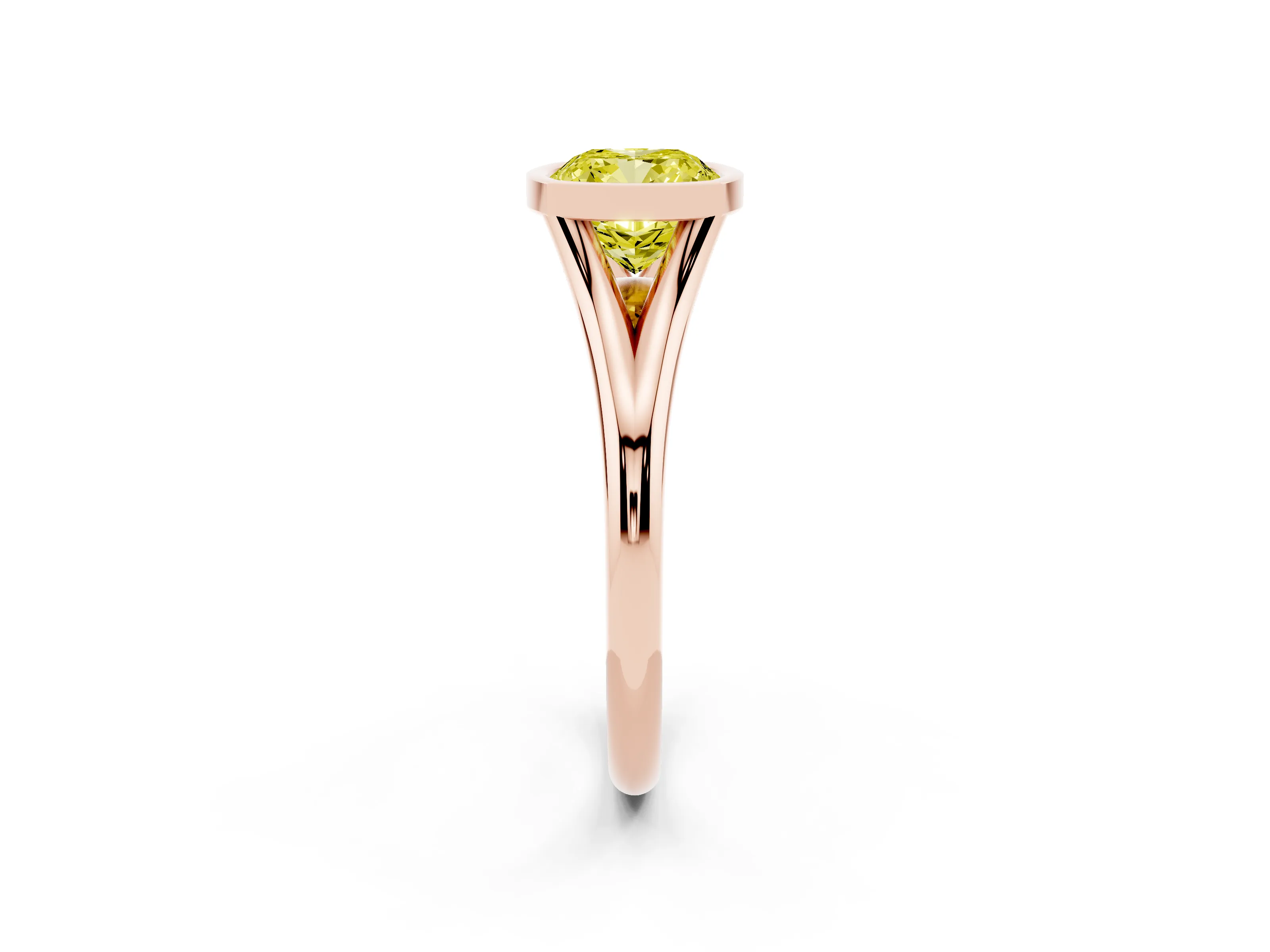 Fancy Yellow Bezel Set Cushion Cut Diamond Solitaire Ring Set in Rose gold with Tapered Band