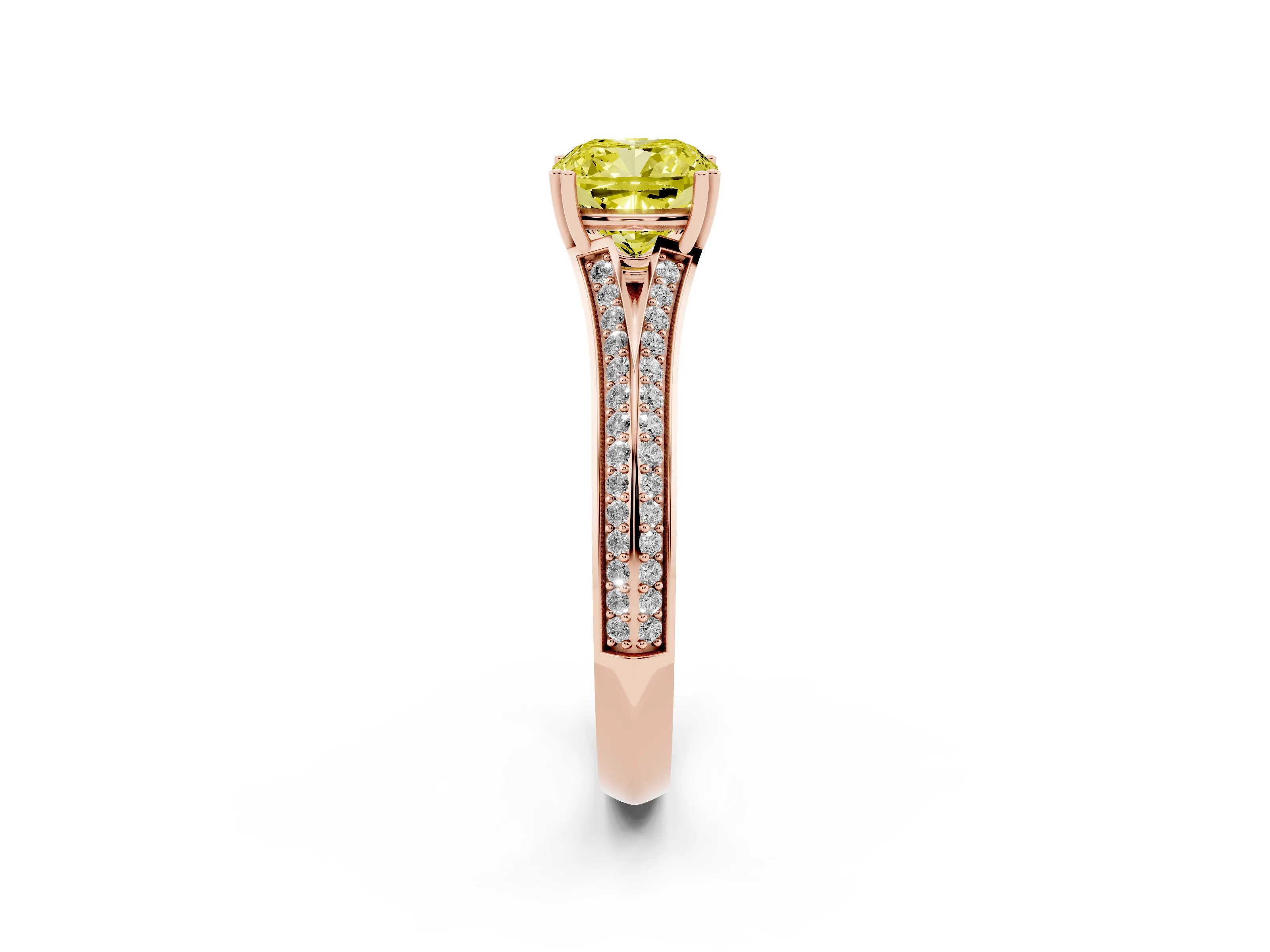 Fancy Yellow Cushion Cut Diamond Split Shank Pavé Engagement Ring Set in Rose gold with Prong-Set Center Stone
