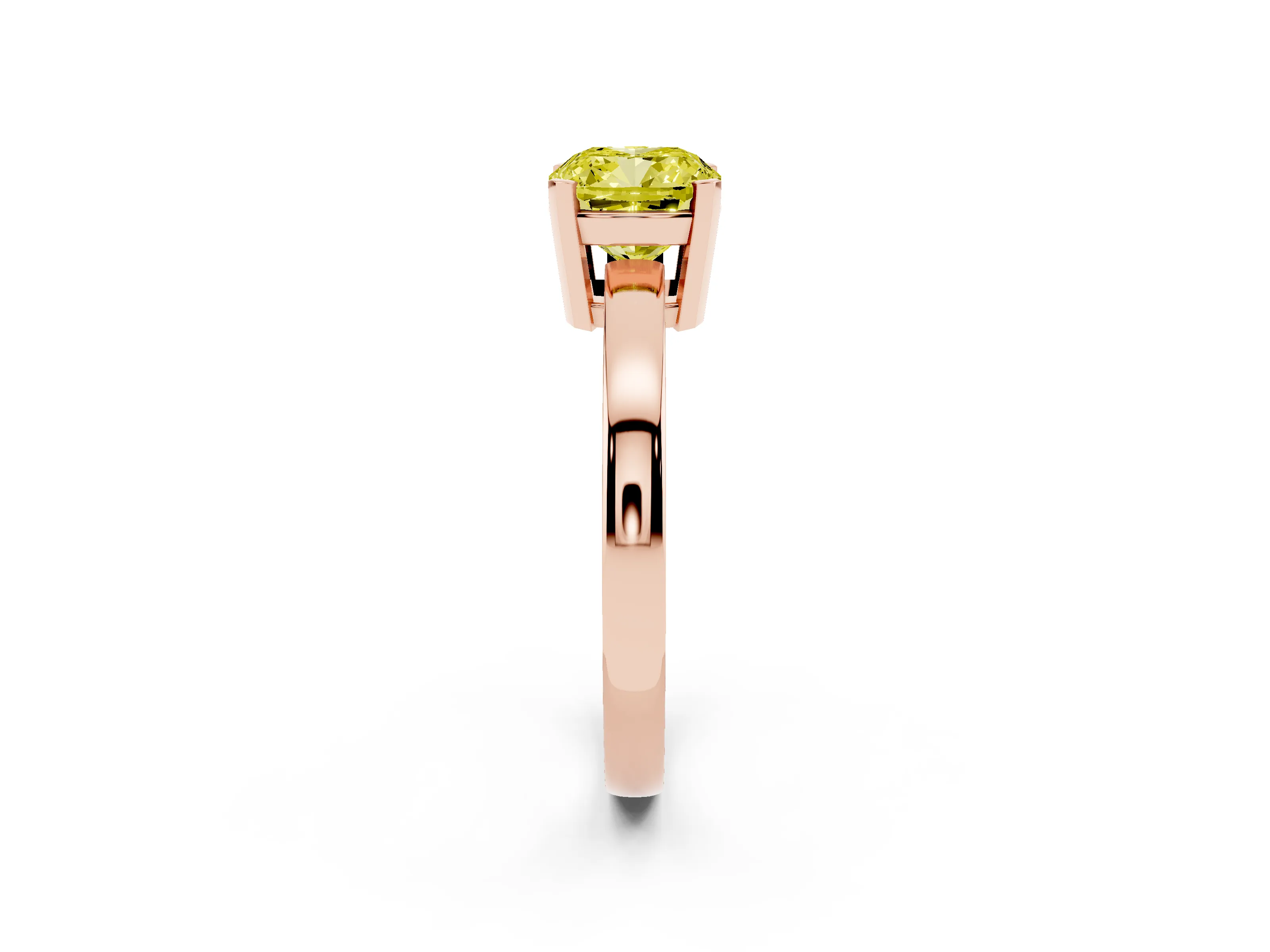 Fancy Yellow Cushion Cut Diamond Solitaire Ring Set in Rose gold with Prong Head and Smooth Polished Band