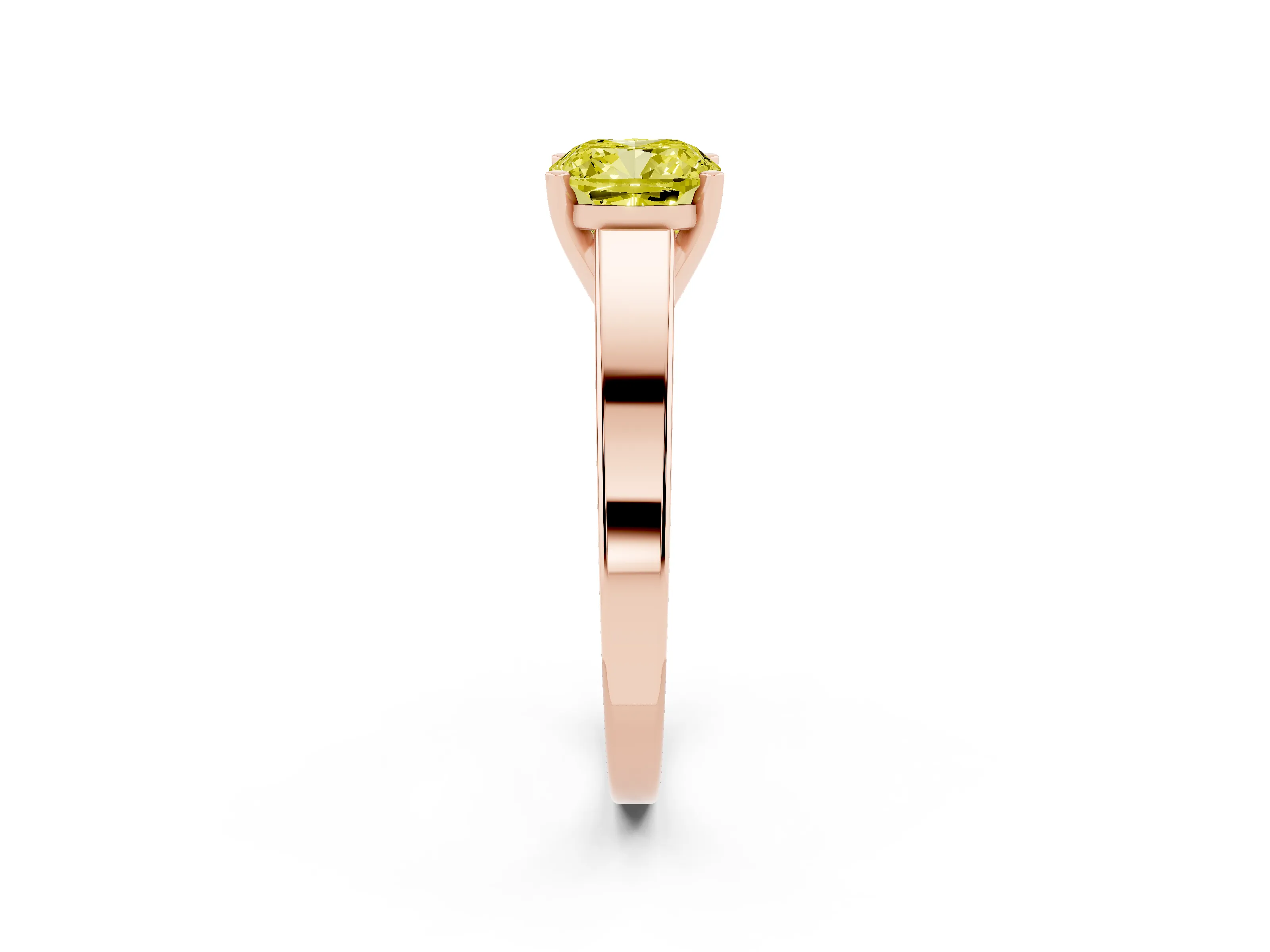 Fancy Yellow Cushion Cut Diamond Solitaire Engagement Ring Set in Rose gold with Prong Setting and Tapered Band