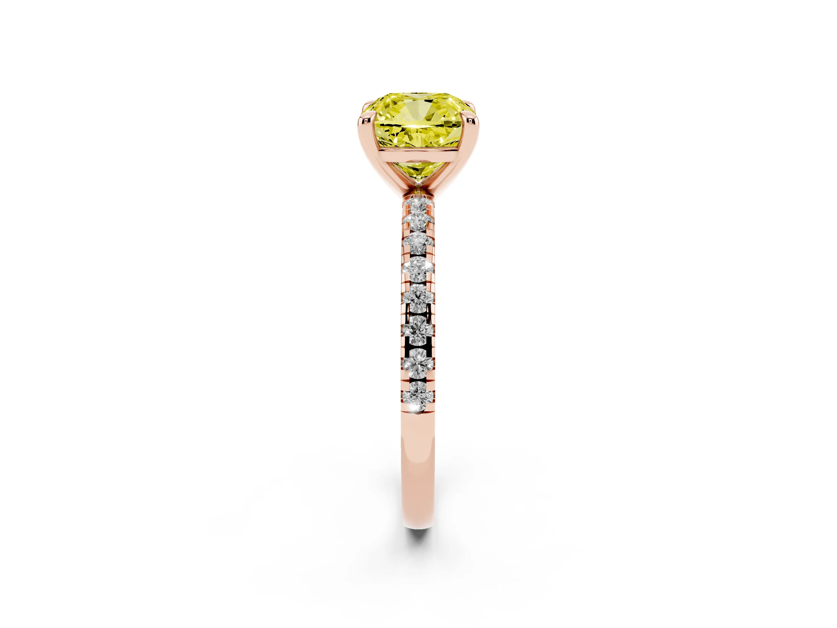 Fancy Yellow Cushion Cut Diamond Brilliant Solitaire Ring Set in Rose gold with Pavé Band and Prong Setting