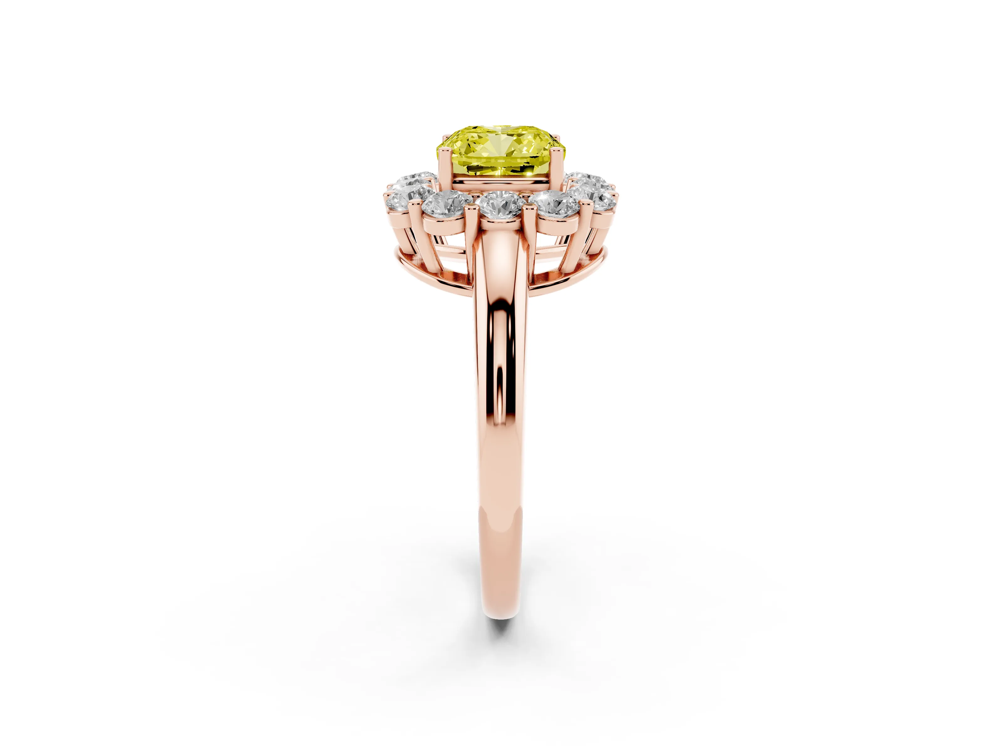 Fancy Yellow Cushion Cut Diamond Halo Cluster Engagement Ring Set in Rose gold with Polished Band and Prong Setting