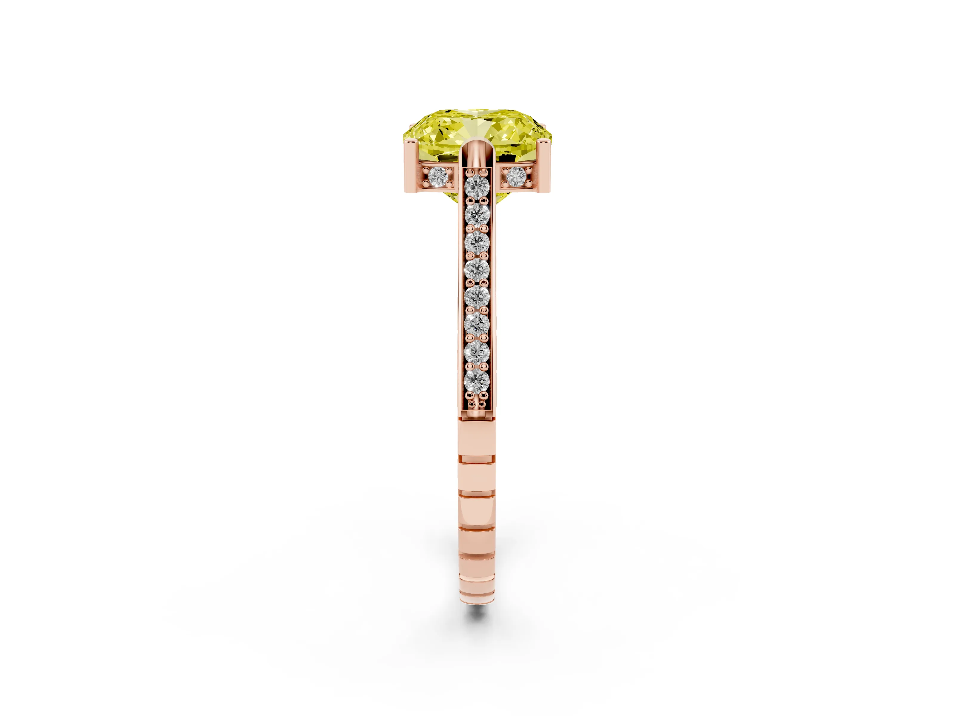 Fancy Yellow Cushion Cut Diamond Solitaire Ring Set in Rose gold with Channel Set Band and Bezel Prong Setting