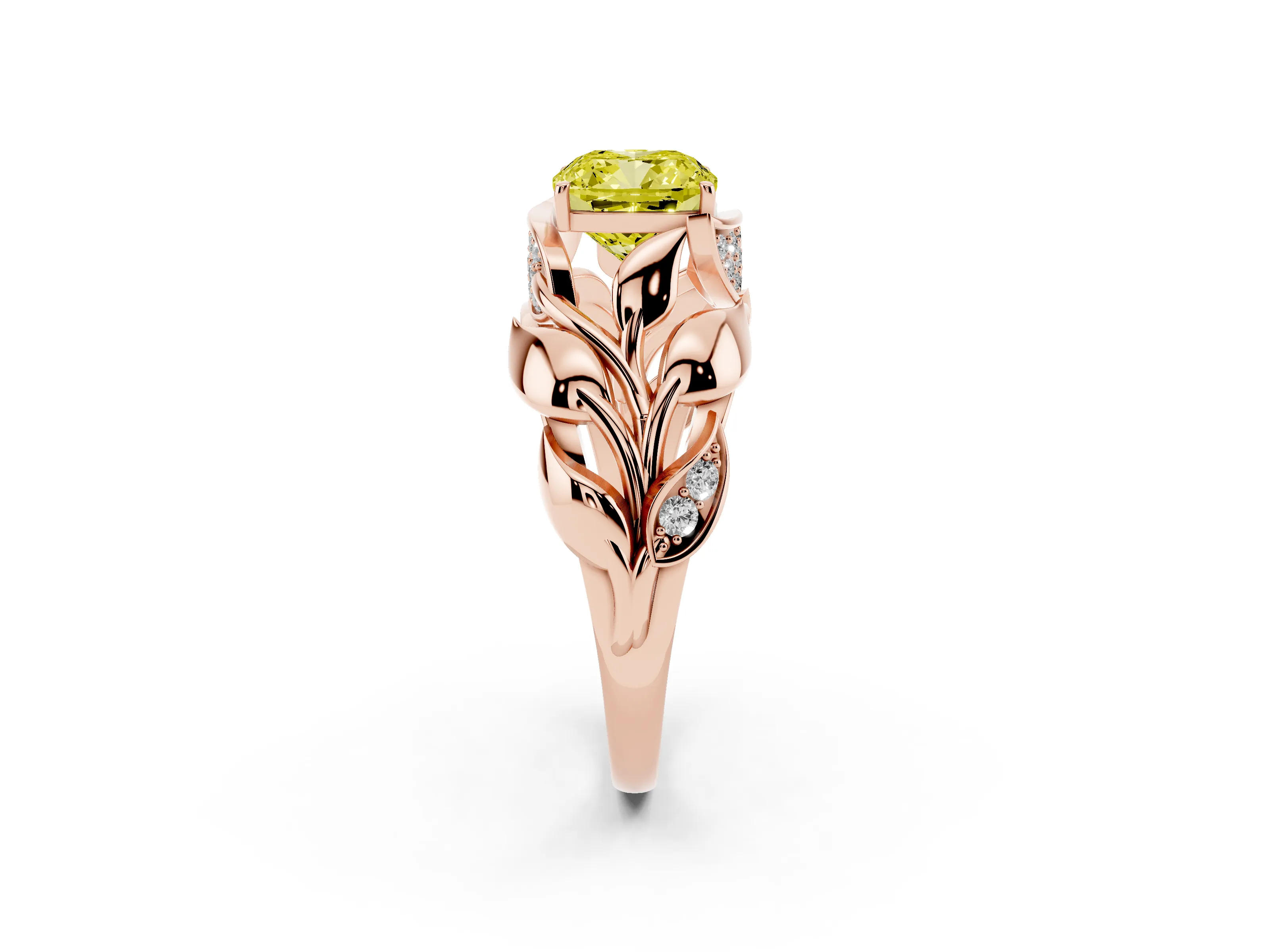 Fancy Yellow Cushion Cut Diamond Leaf-Inspired Engagement Ring Set in Rose gold with Round Accents