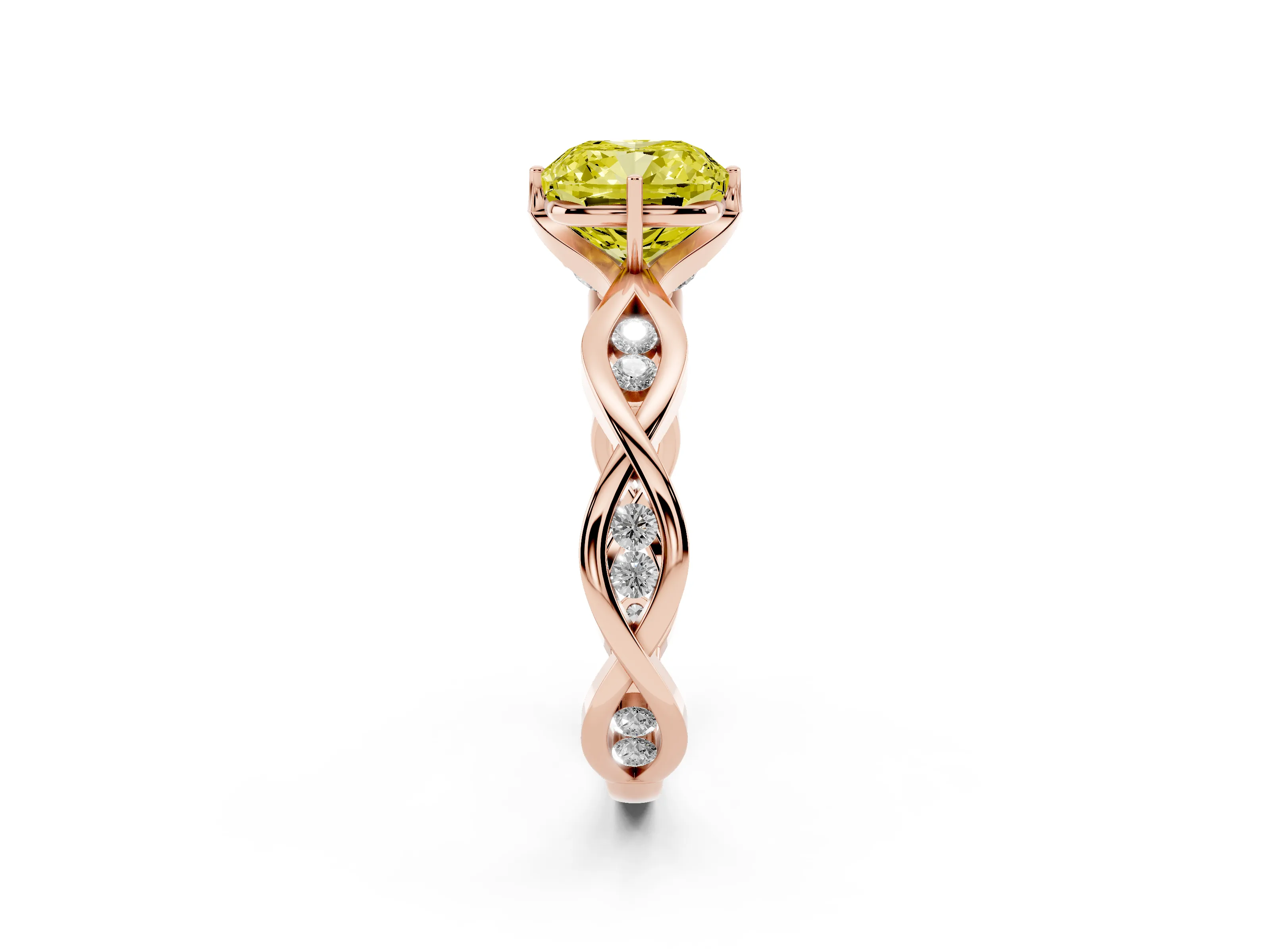 Fancy Yellow Cushion Cut Diamond Twist Band Solitaire Ring Set in Rose gold with Leaf Prong Setting and Accent Stones