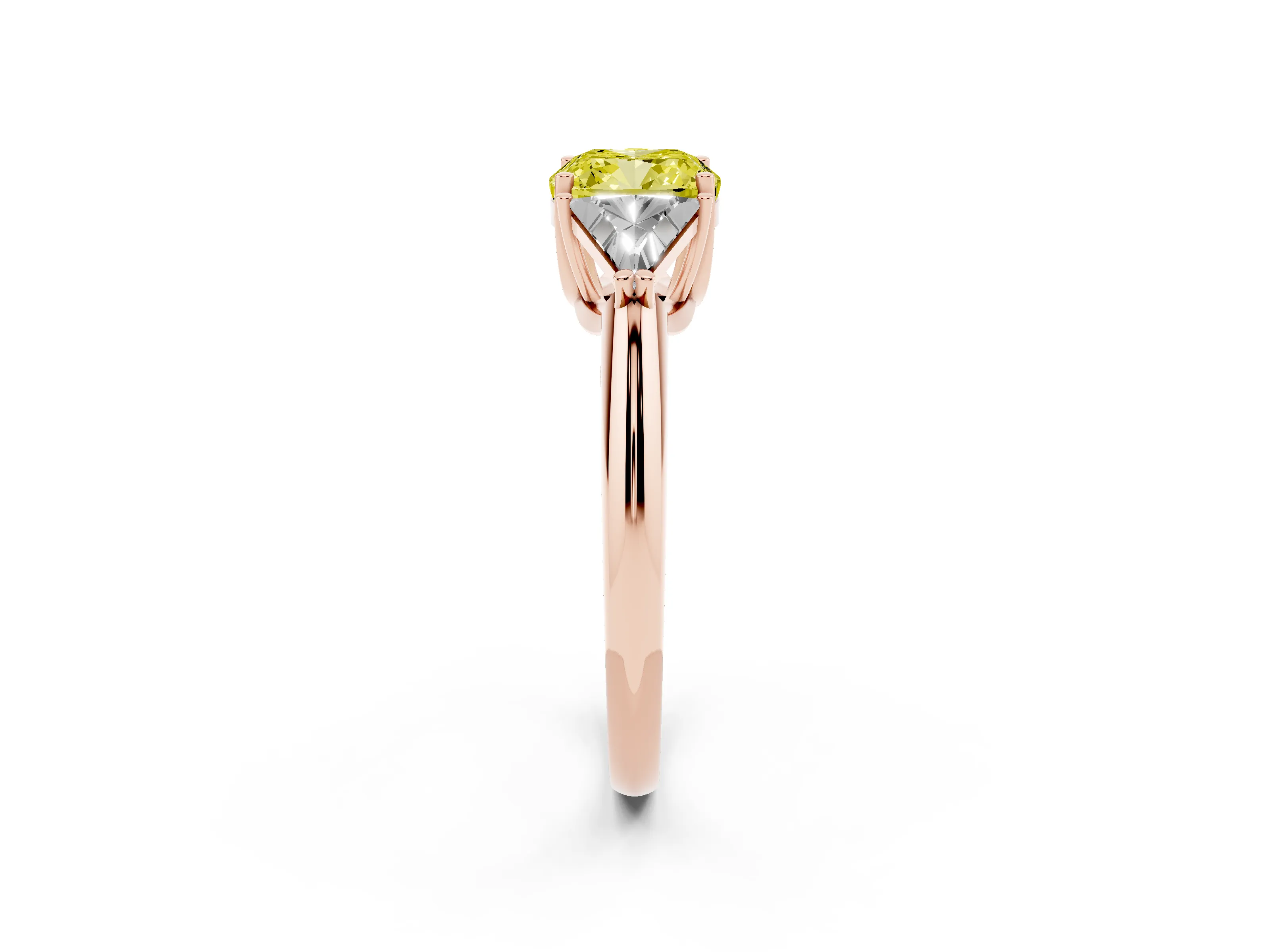 Fancy Yellow Cushion Cut Diamond Three-Stone Engagement Ring Set in Rose gold with Trillion Side Stones