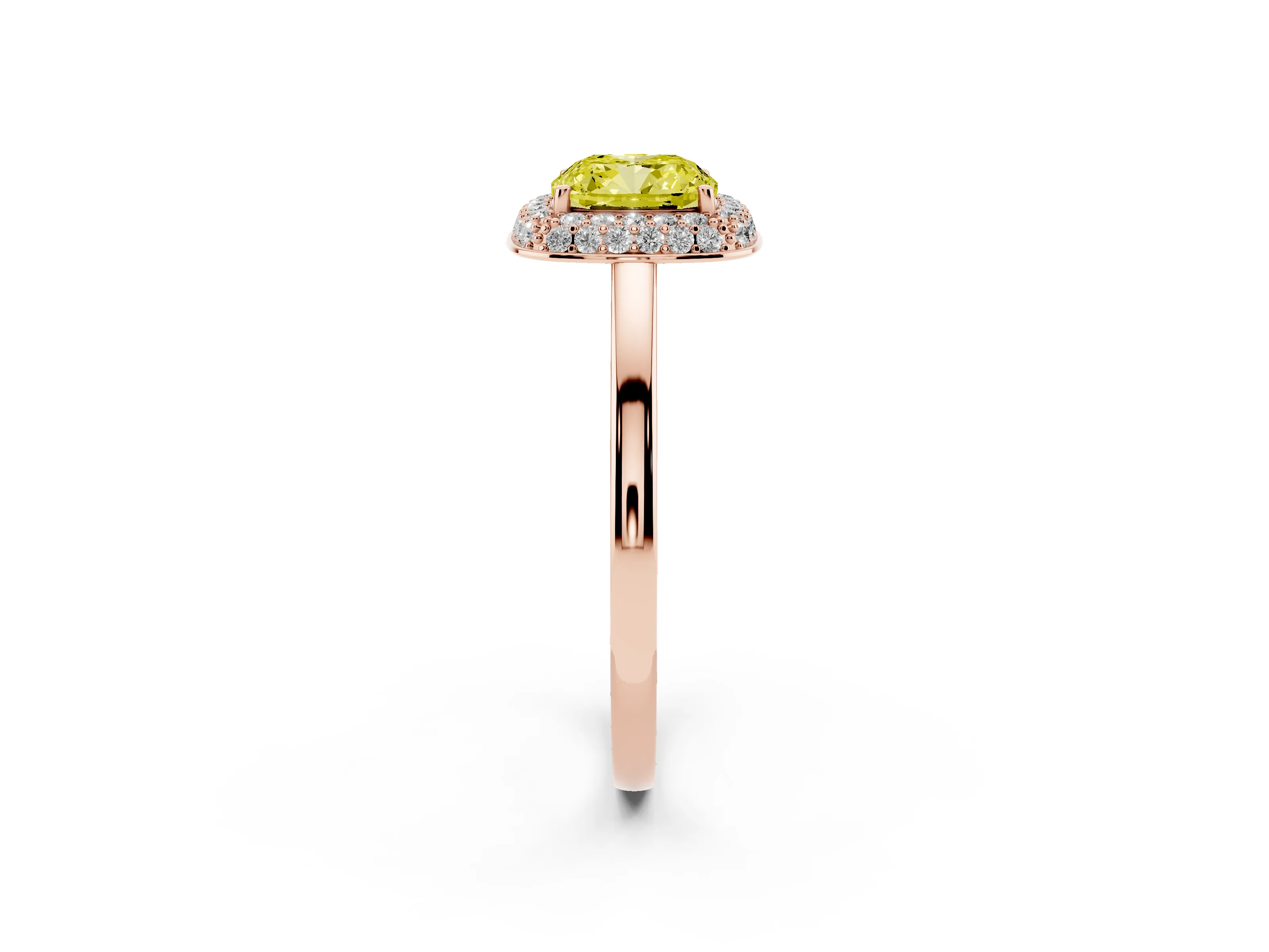 Fancy Yellow Cushion Cut Diamond Halo Engagement Ring Set in Rose gold with Solitaire Band and Prong Setting