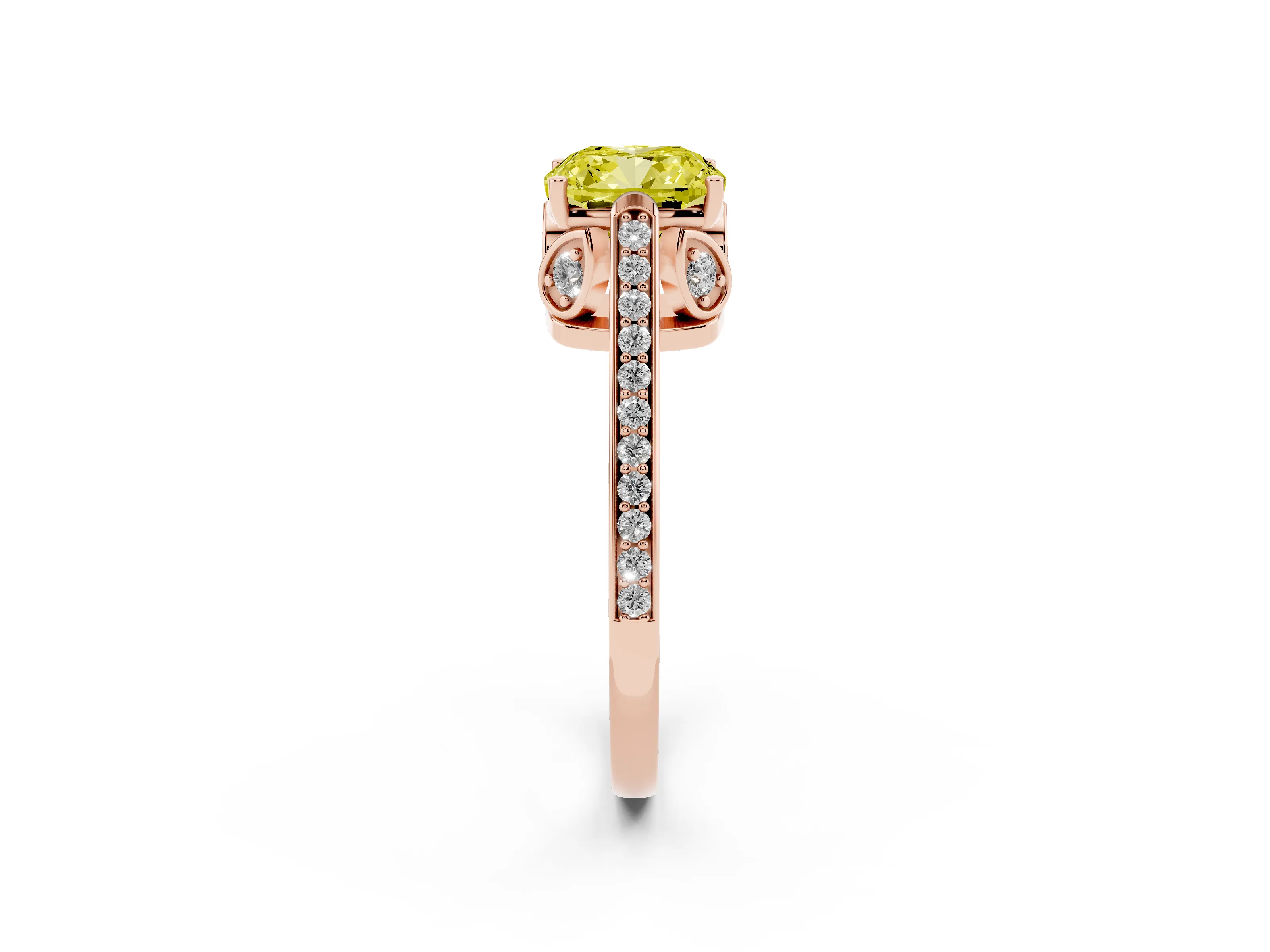 Fancy Yellow Cushion Cut Diamond Cathedral Pavé Engagement Ring Set in Rose gold with Prong Setting