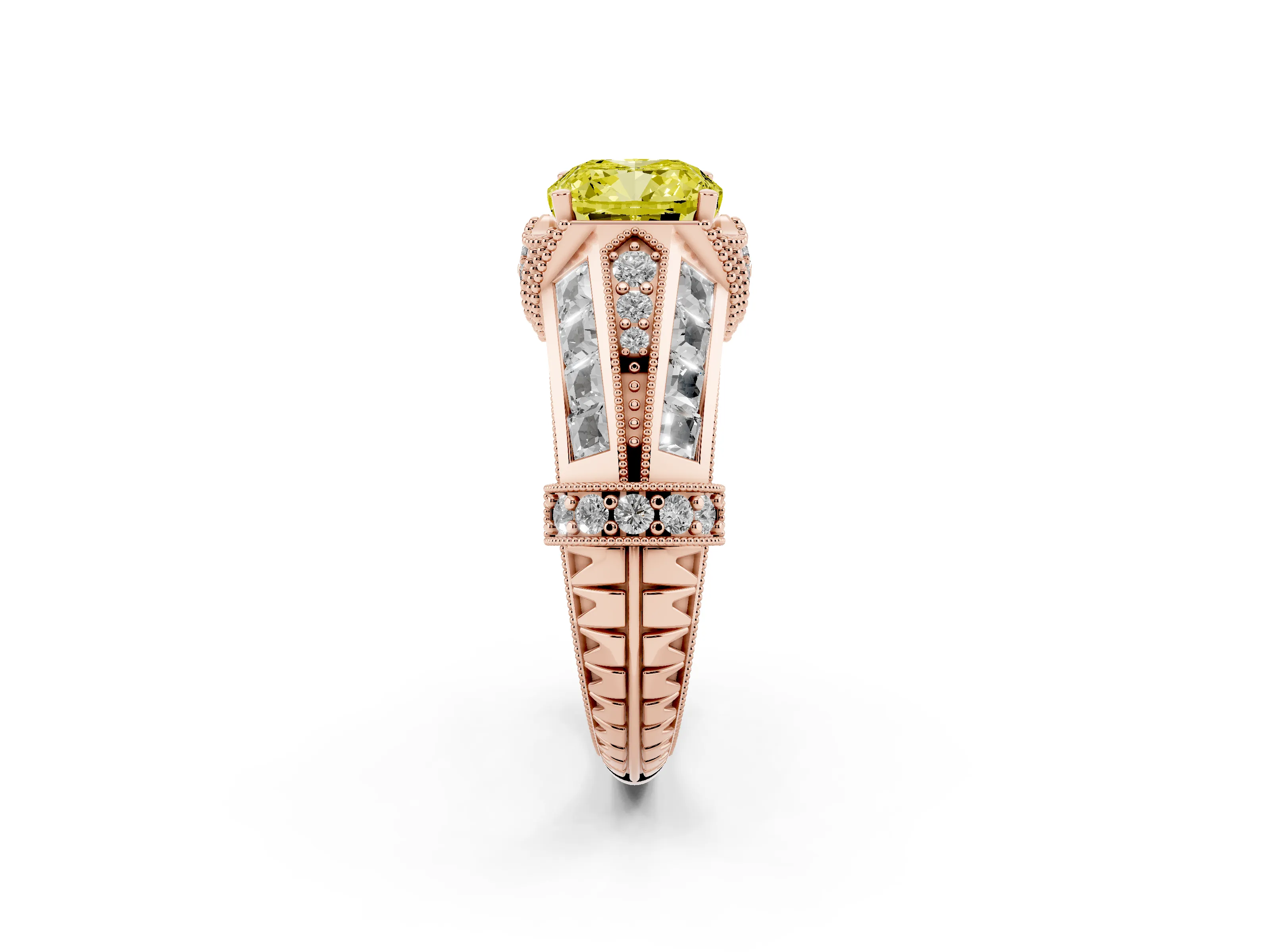 Fancy Yellow Cushion Cut Diamond Vintage-Inspired Milgrain Ring Set in Rose gold with Accent Split Shank