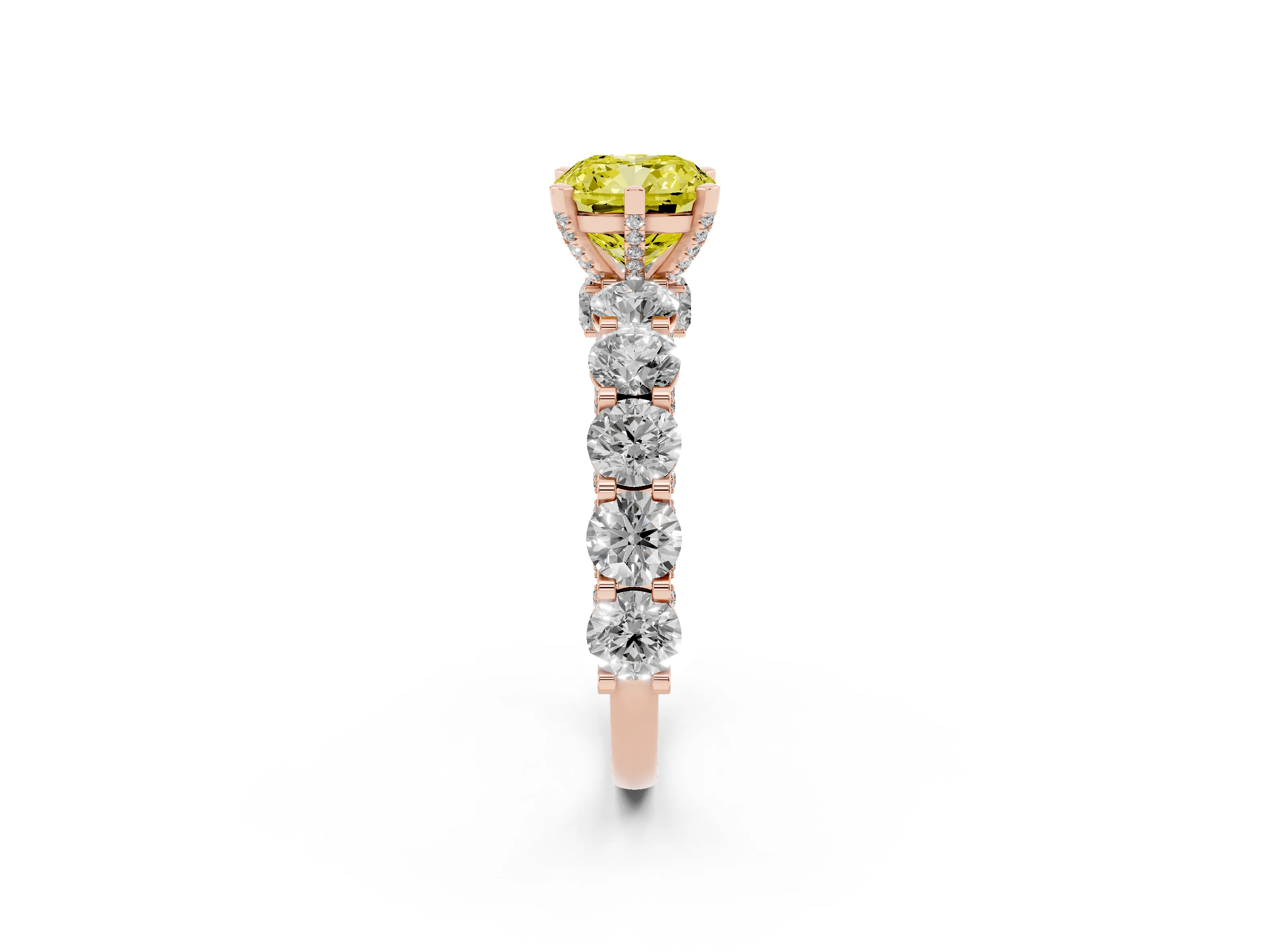 Fancy Yellow Cushion Cut Diamond Side Stone Ring Set in Rose gold with Alternating Round and Oval Side Stones