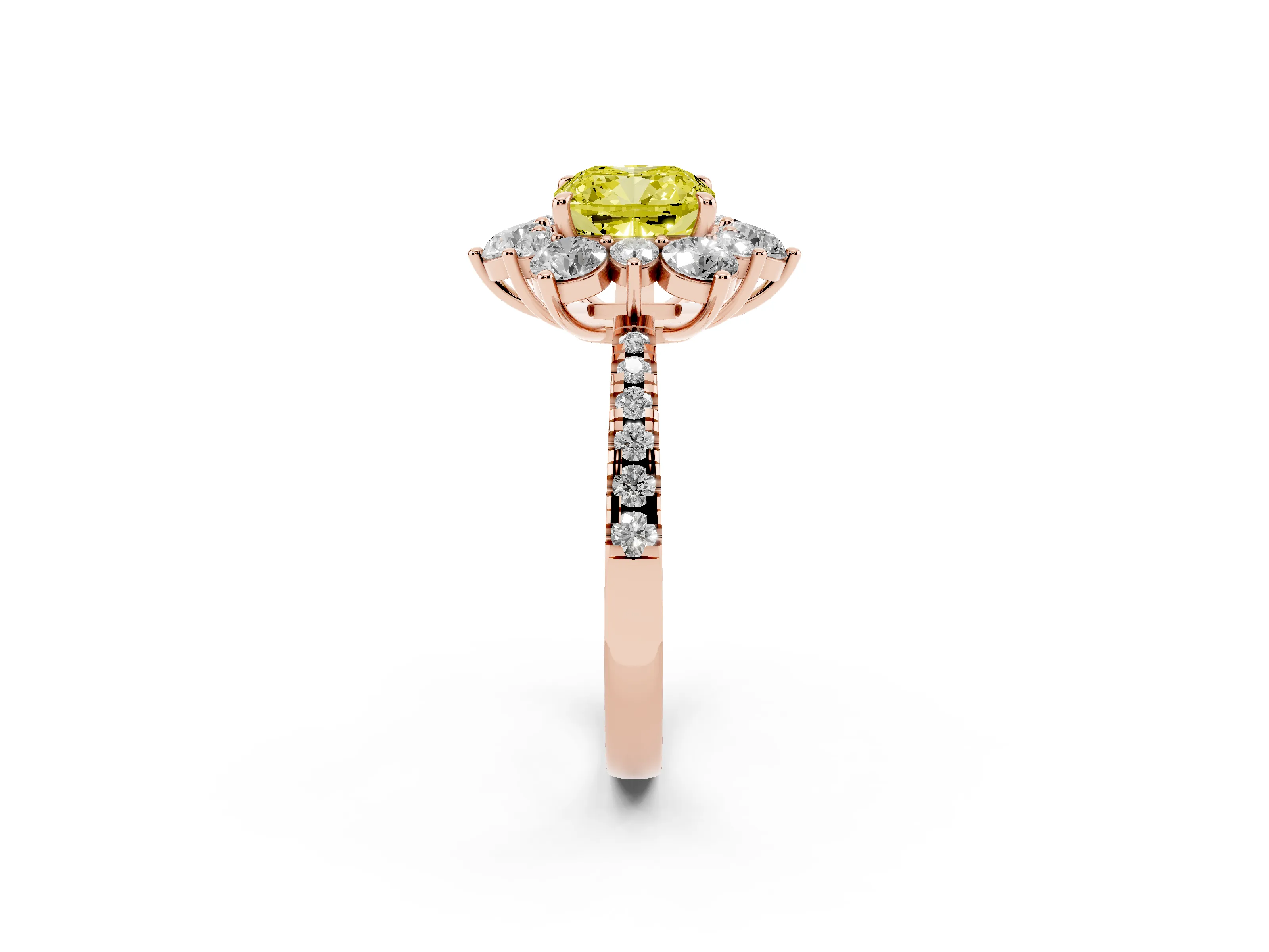 Fancy Yellow Cushion Cut Diamond Floral Halo Ring Set in Rose gold with Round Pavé Band and Prong Setting