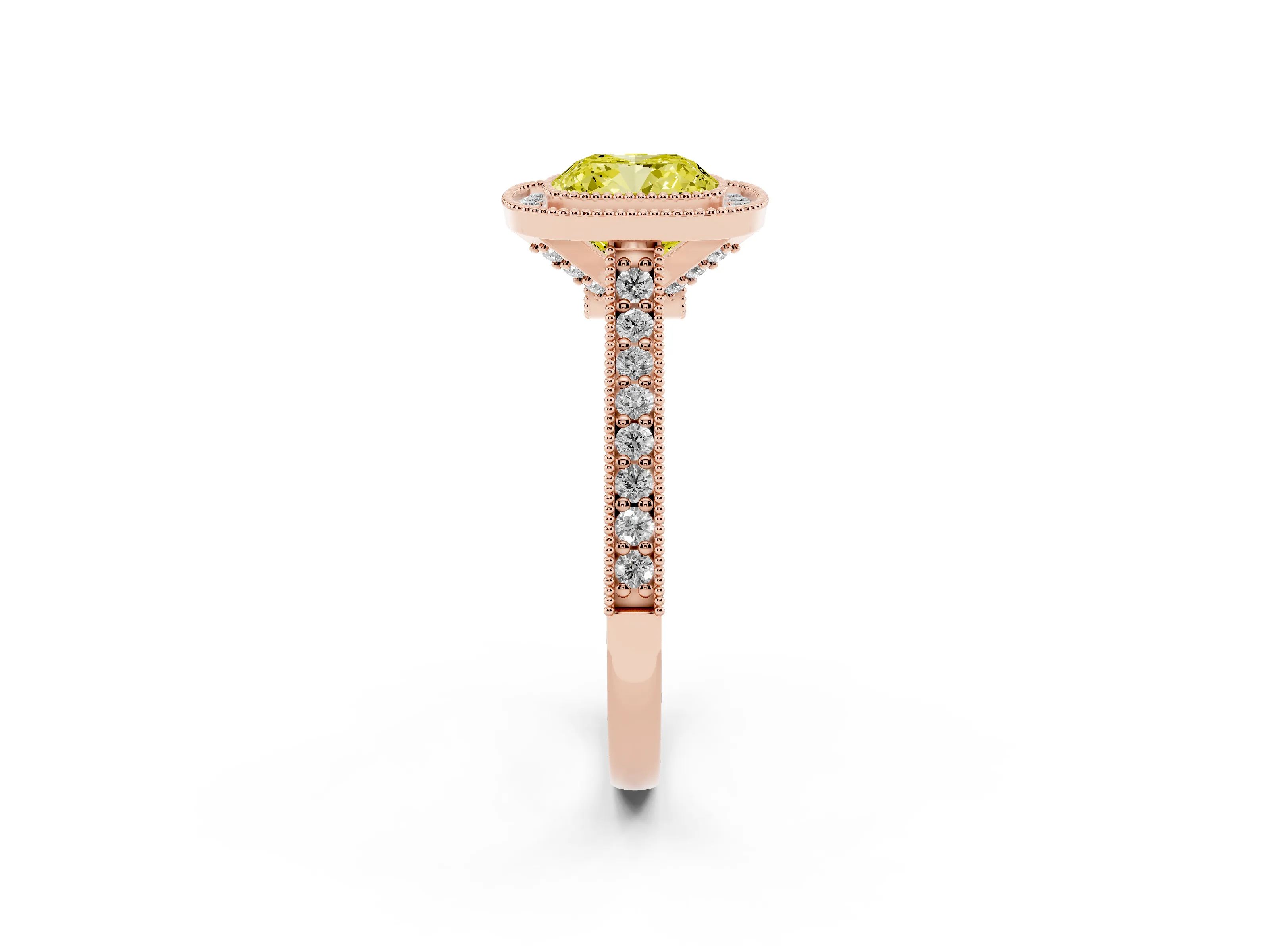 Fancy Yellow Cushion Cut Diamond Halo Milgrain Pavé Band Ring Set in Rose gold with Prong Setting
