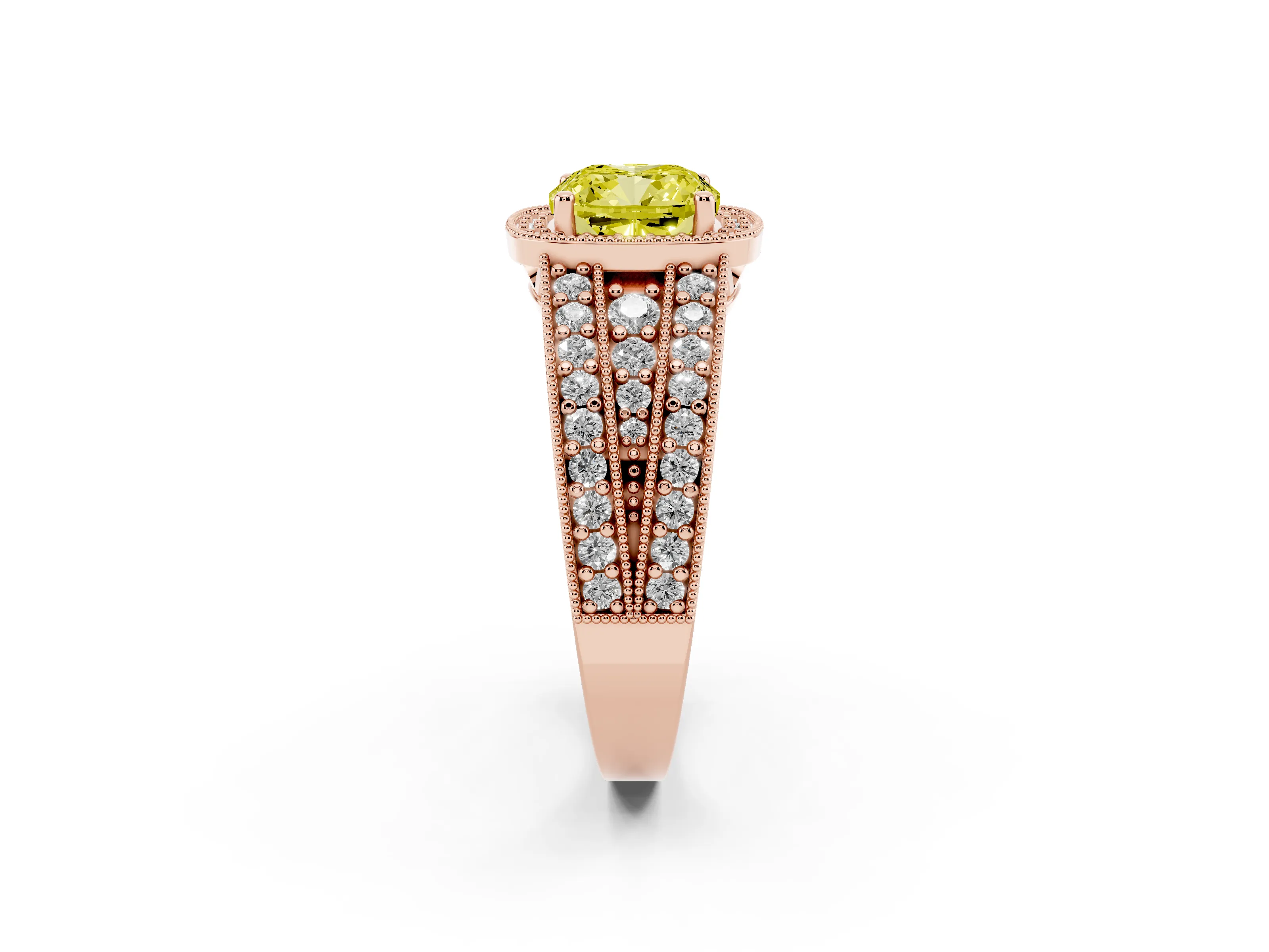 Fancy Yellow Cushion Cut Diamond Halo Ring Set in Rose gold with Accent Split Shank and Prong Setting