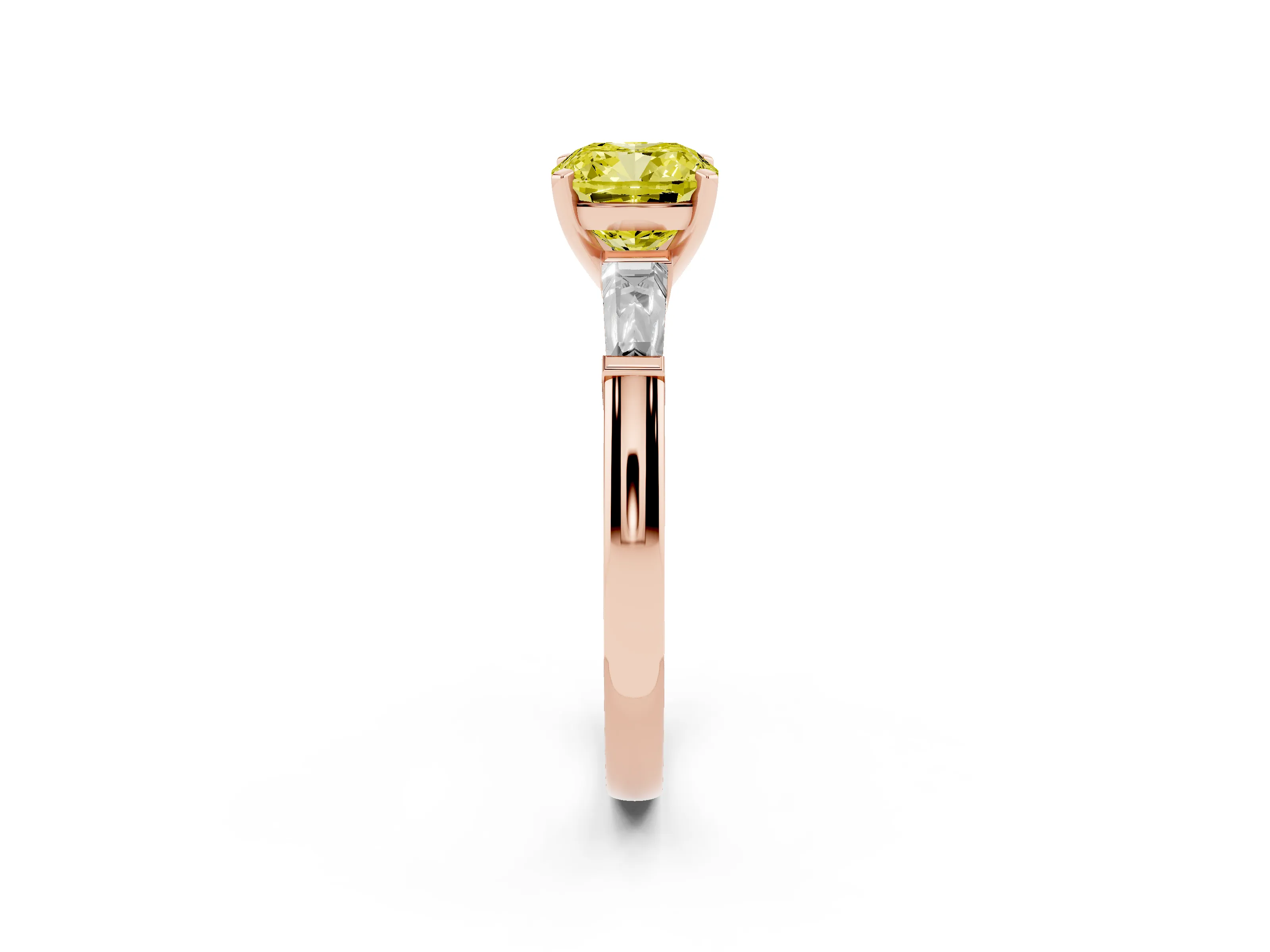 Fancy Yellow Cushion Cut Diamond Solitaire Ring Set in Rose gold with Tapered Baguette Side Stones and Prong Setting