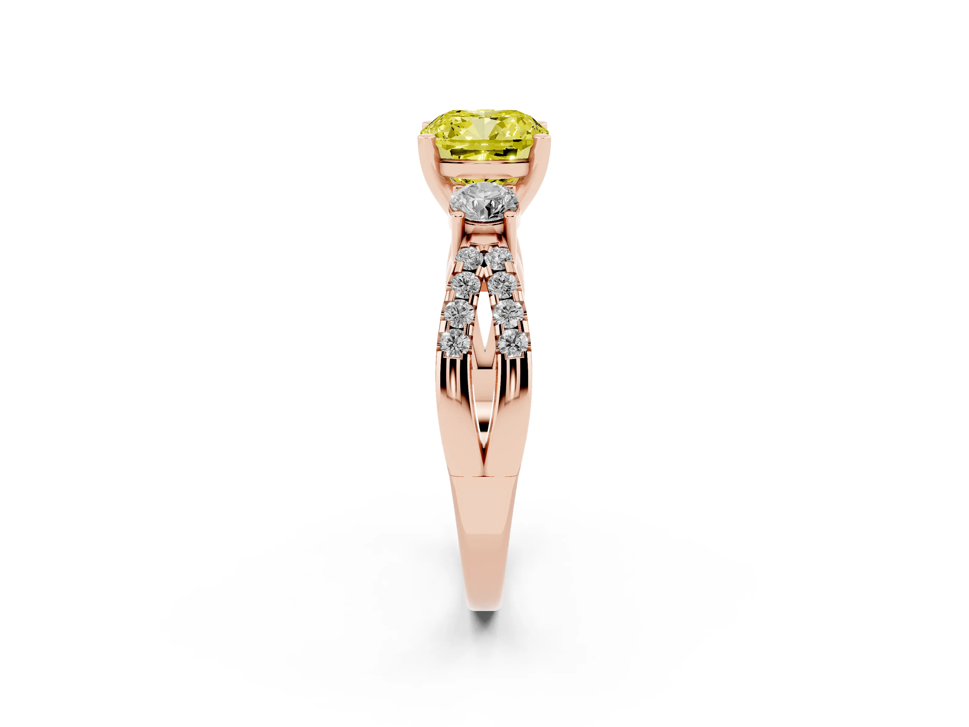 Fancy Yellow Cushion Cut Diamond Three-Stone Ring Set in Rose gold with Pavé Split Shank and Prong Setting