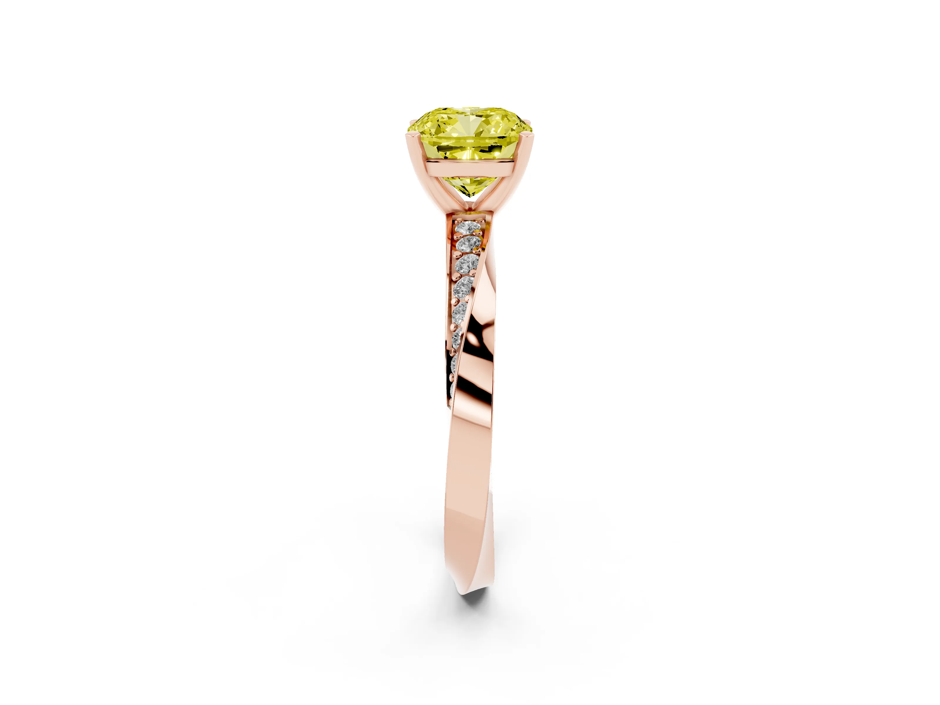Fancy Yellow Cushion Cut Diamond Engagement Ring Set in Rose gold with Side Stone Accents and Prong Setting