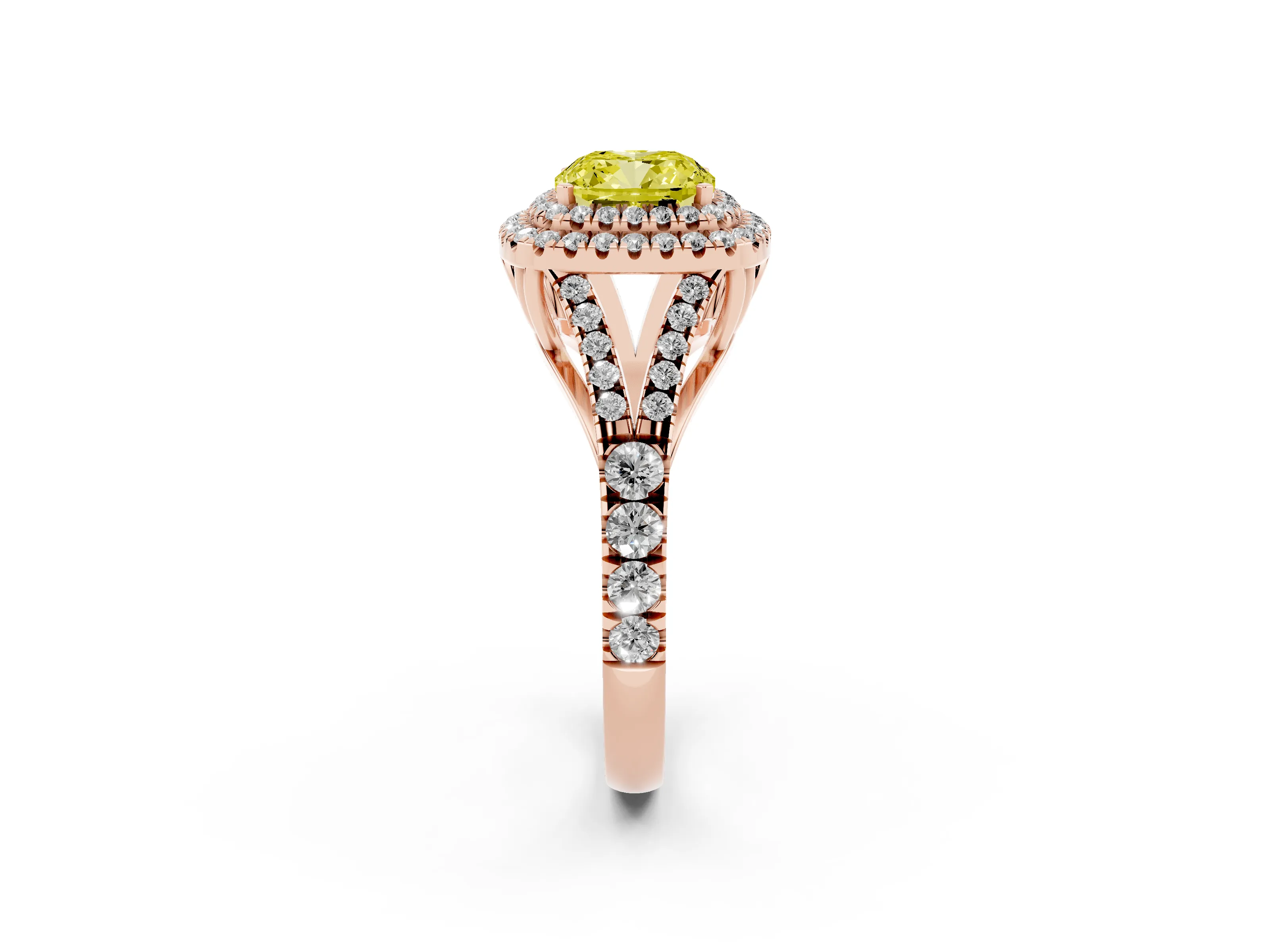 Fancy Yellow Cushion Cut Diamond Pavé Split Shank Double Halo Engagement Ring Set in Rose gold