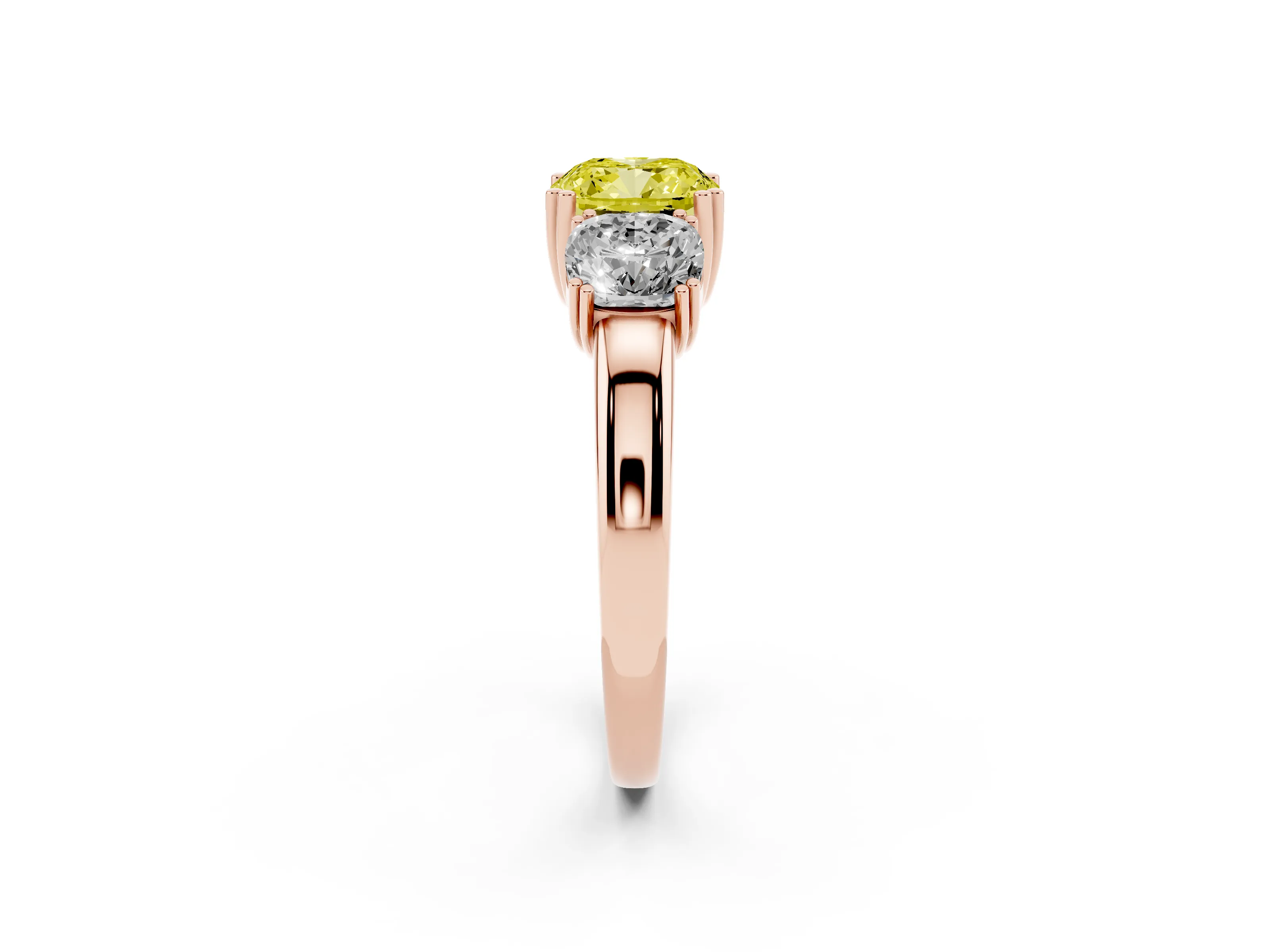 Fancy Yellow Cushion Cut Diamond Three-Stone Ring Set in Rose gold with Polished Band and Prong Setting