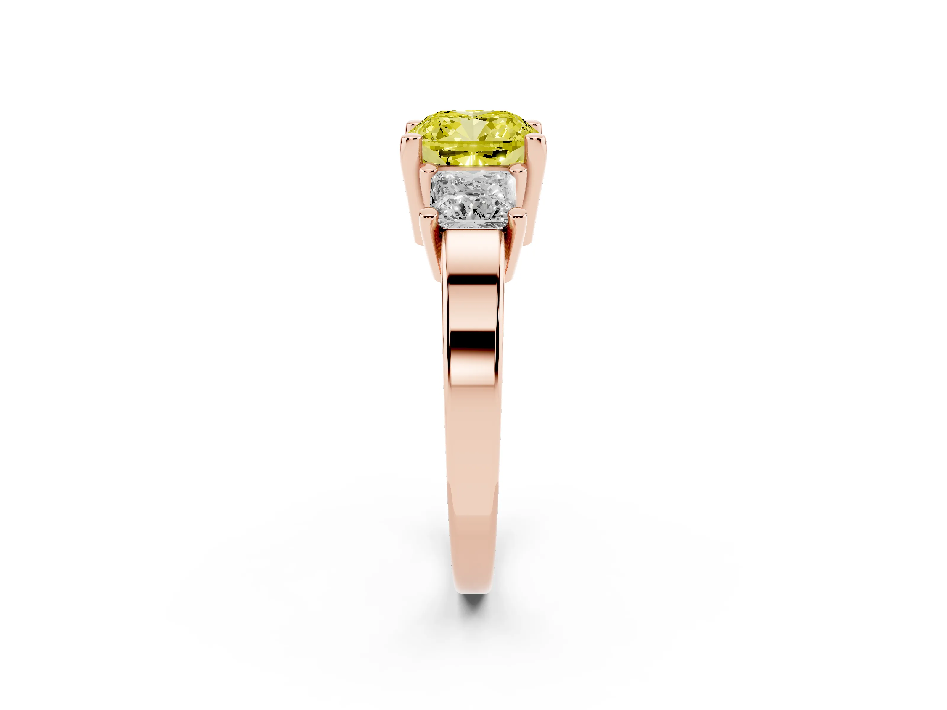 Fancy Yellow Three-Stone Cushion Cut Diamond Solitaire Ring Set in Rose gold with Prong Setting