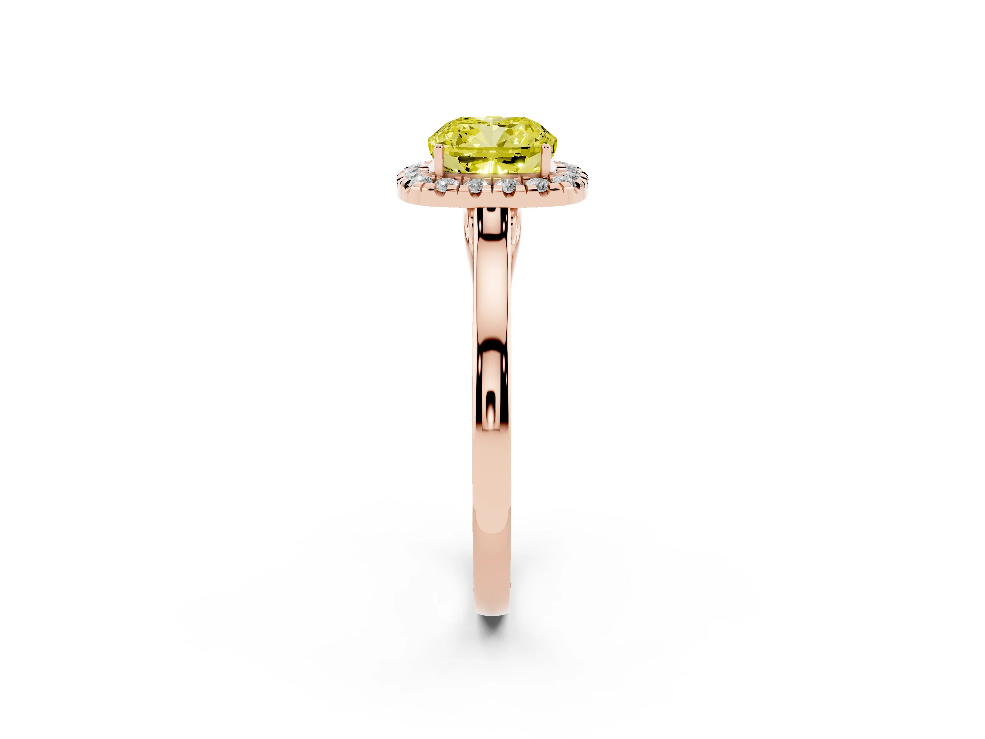 Fancy Yellow Cushion Cut Halo Round Diamond Solitaire Ring Set in Rose gold with Pavé Band and Prong Setting