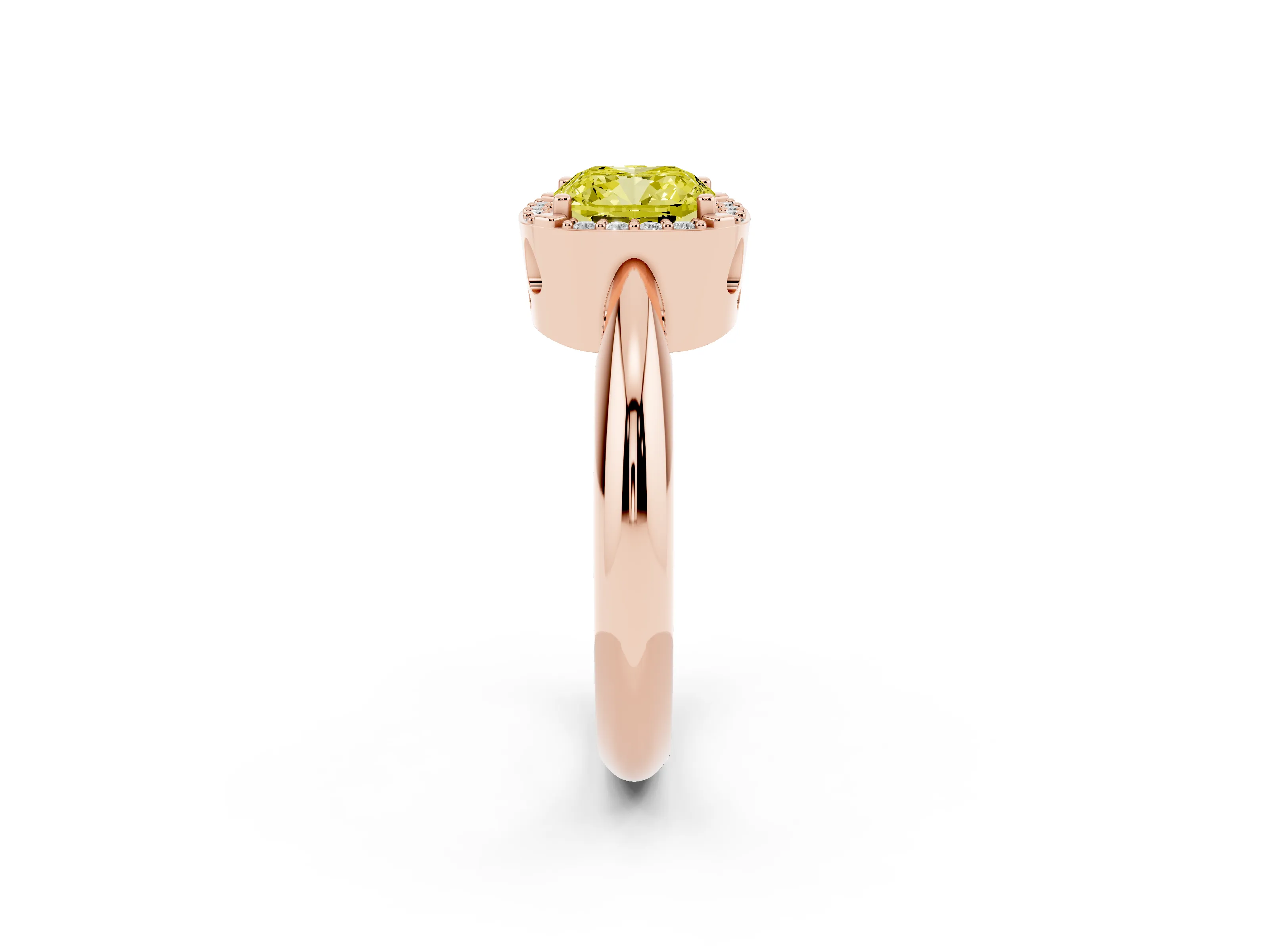 Fancy Yellow Cushion Cut Diamond Halo Engagement Ring Set in Rose gold with Plain Split Shank and Prong Setting