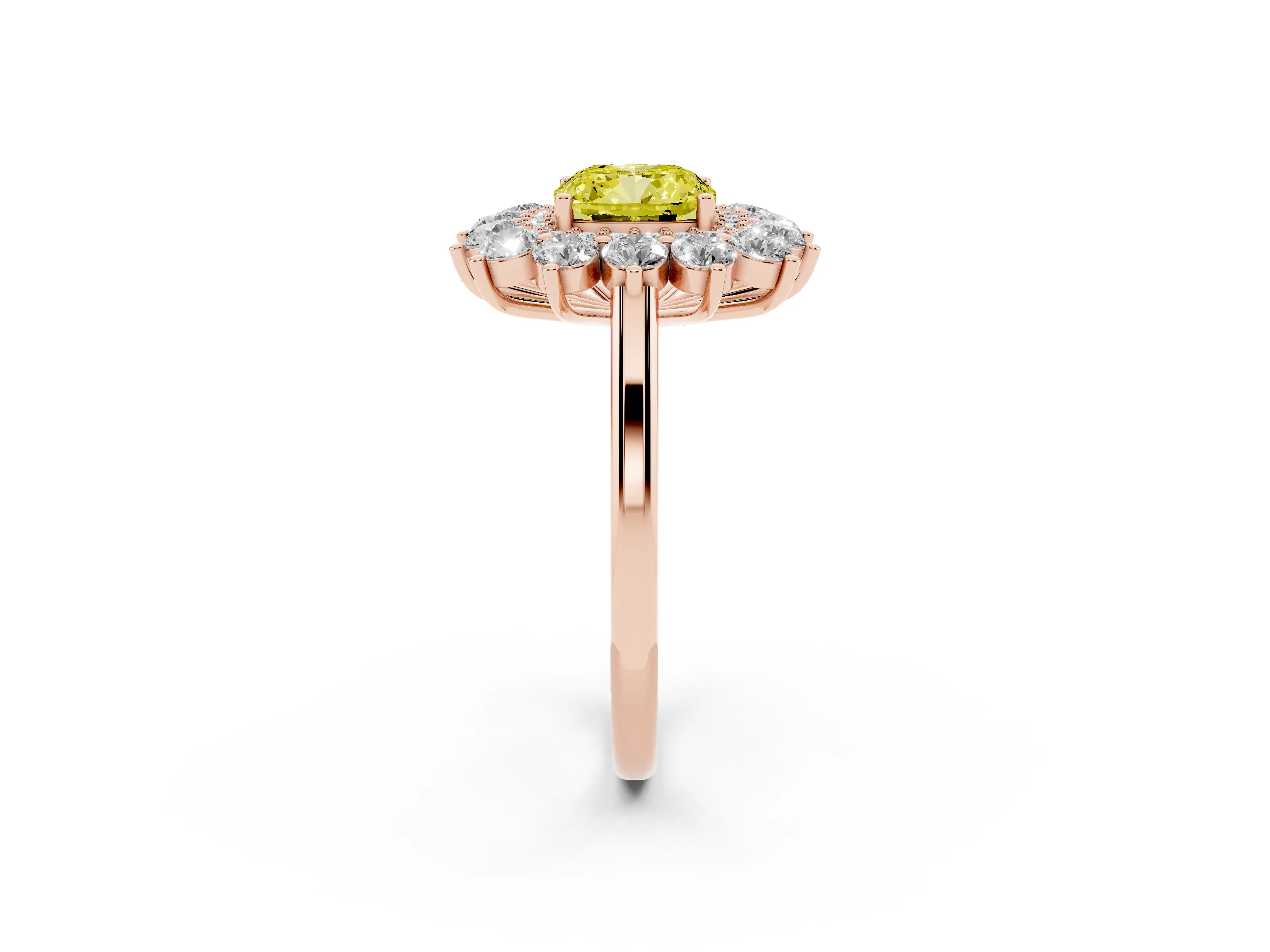 Fancy Yellow Cushion Cut Diamond Floral Double Halo Ring Set in Rose gold with Round Petals