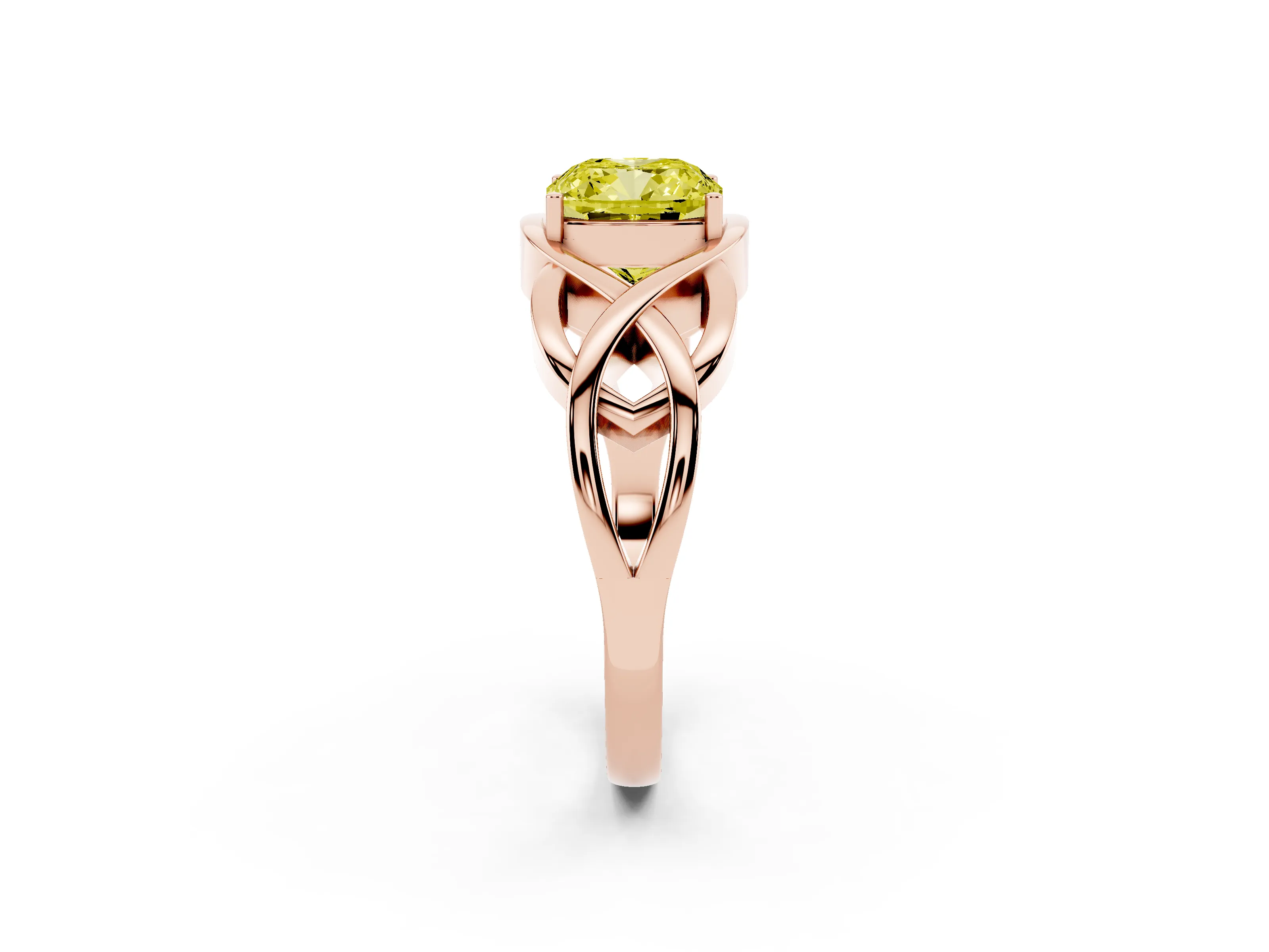 Fancy Yellow Cushion Cut Diamond Solitaire Ring Set in Rose gold with Intertwined Band