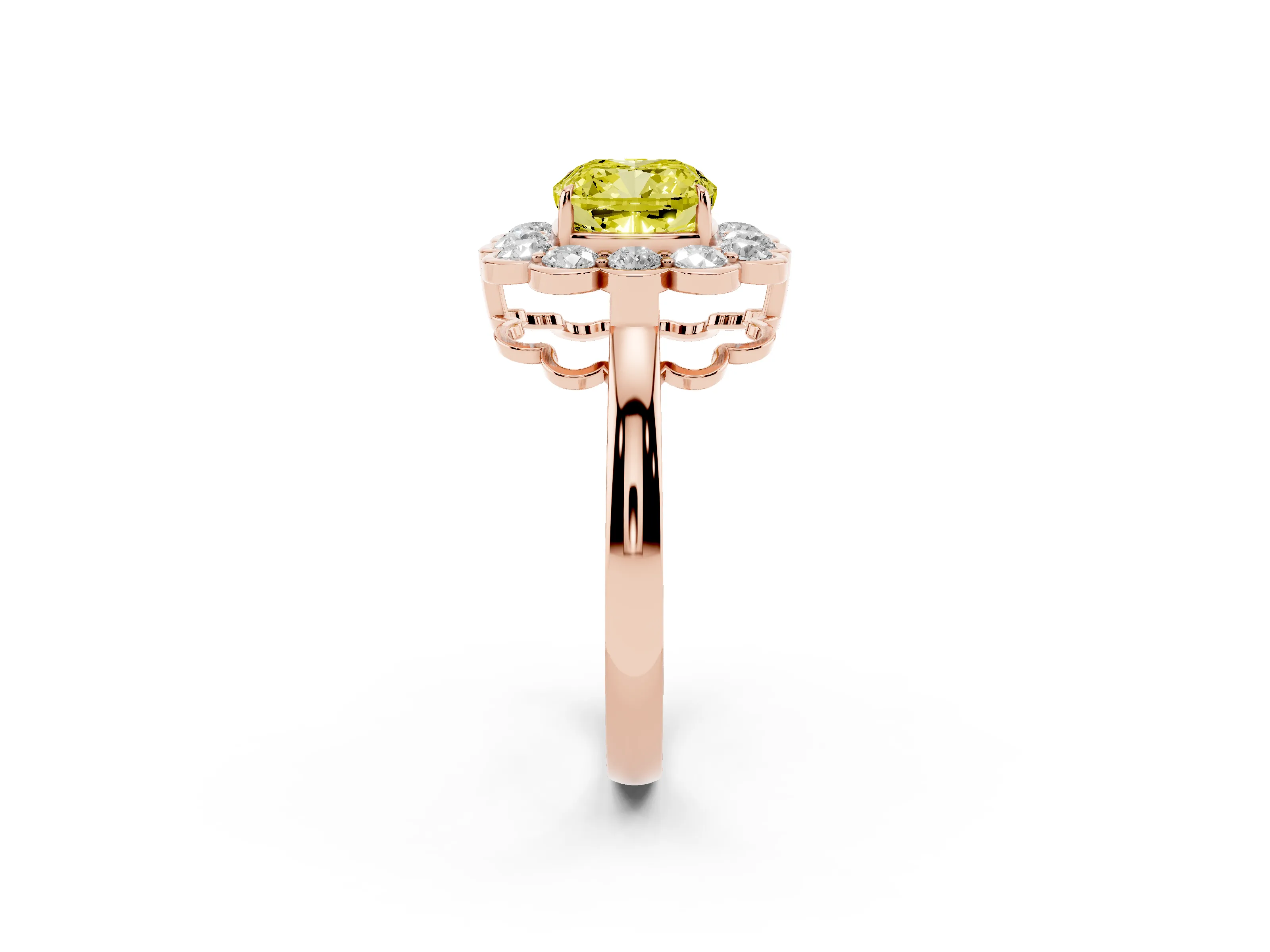 Fancy Yellow Cushion Cut Diamond Halo Cluster Engagement Ring Set in Rose gold with Solitaire Band and Prong Setting