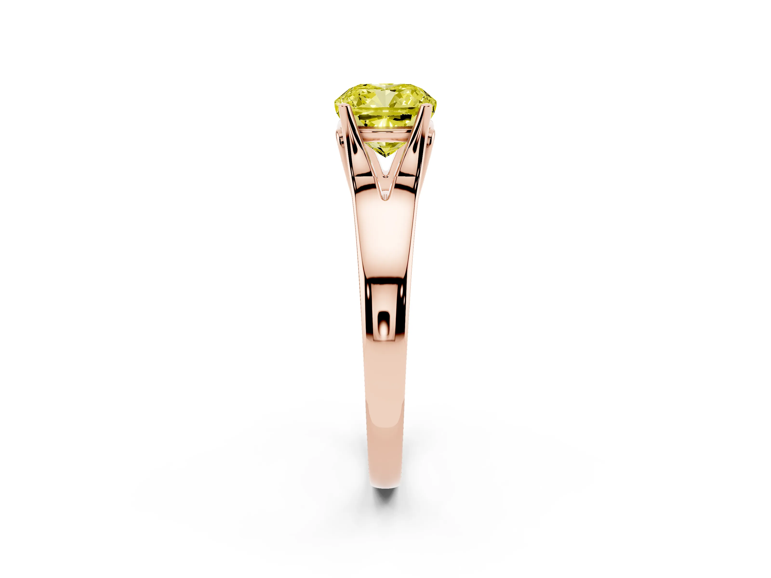 Fancy Yellow Cushion Cut Diamond Solitaire Ring Set in Rose gold with Arched Cathedral Band and Prong Setting
